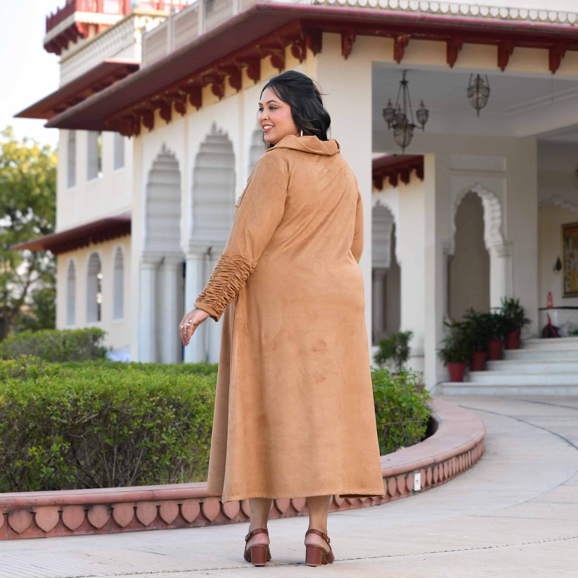 Mochaccino- Woollen Beige Fleece Brushed Aline Cowl Dress