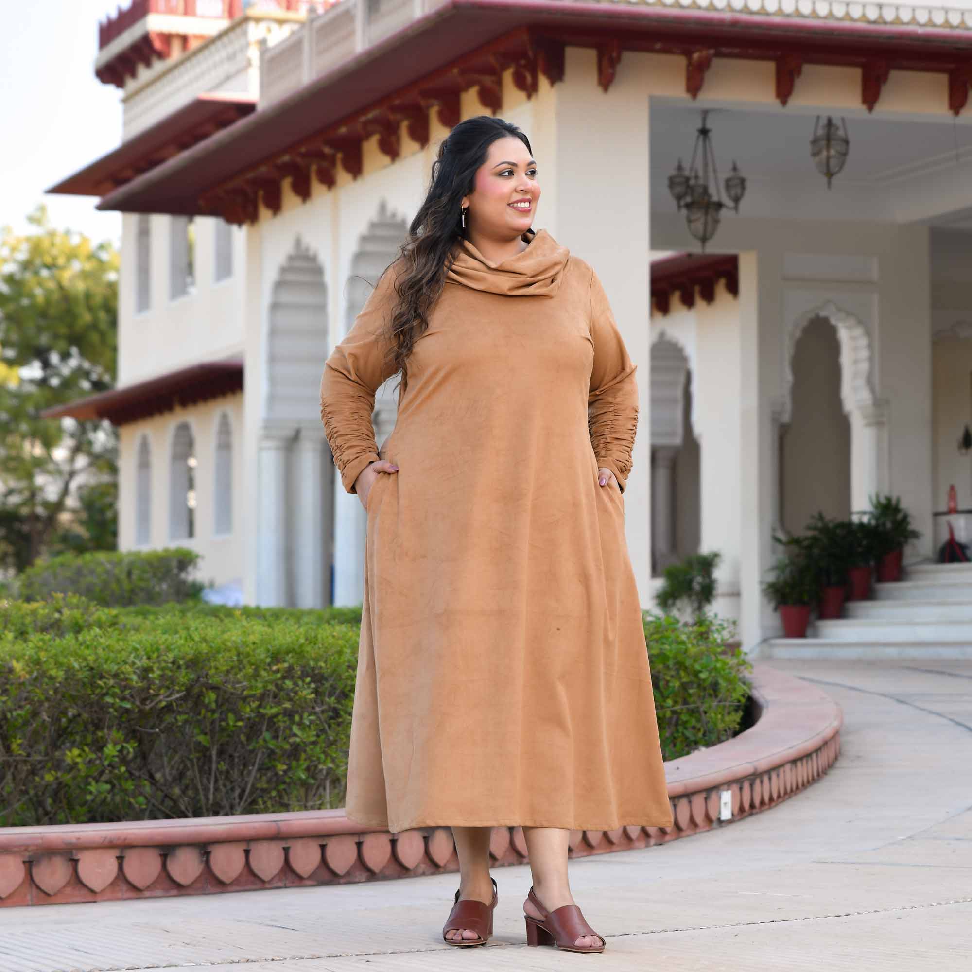 Mochaccino- Woollen Beige Fleece Brushed Aline Cowl Dress