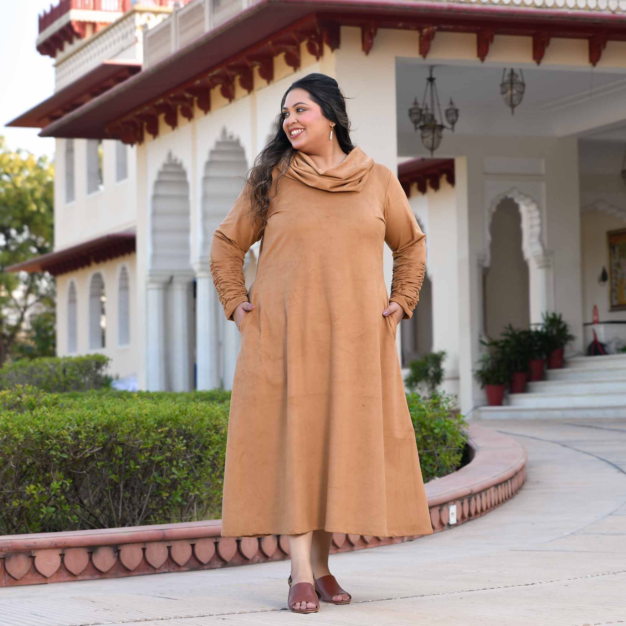 Mochaccino- Woollen Beige Fleece Brushed Aline Cowl Dress