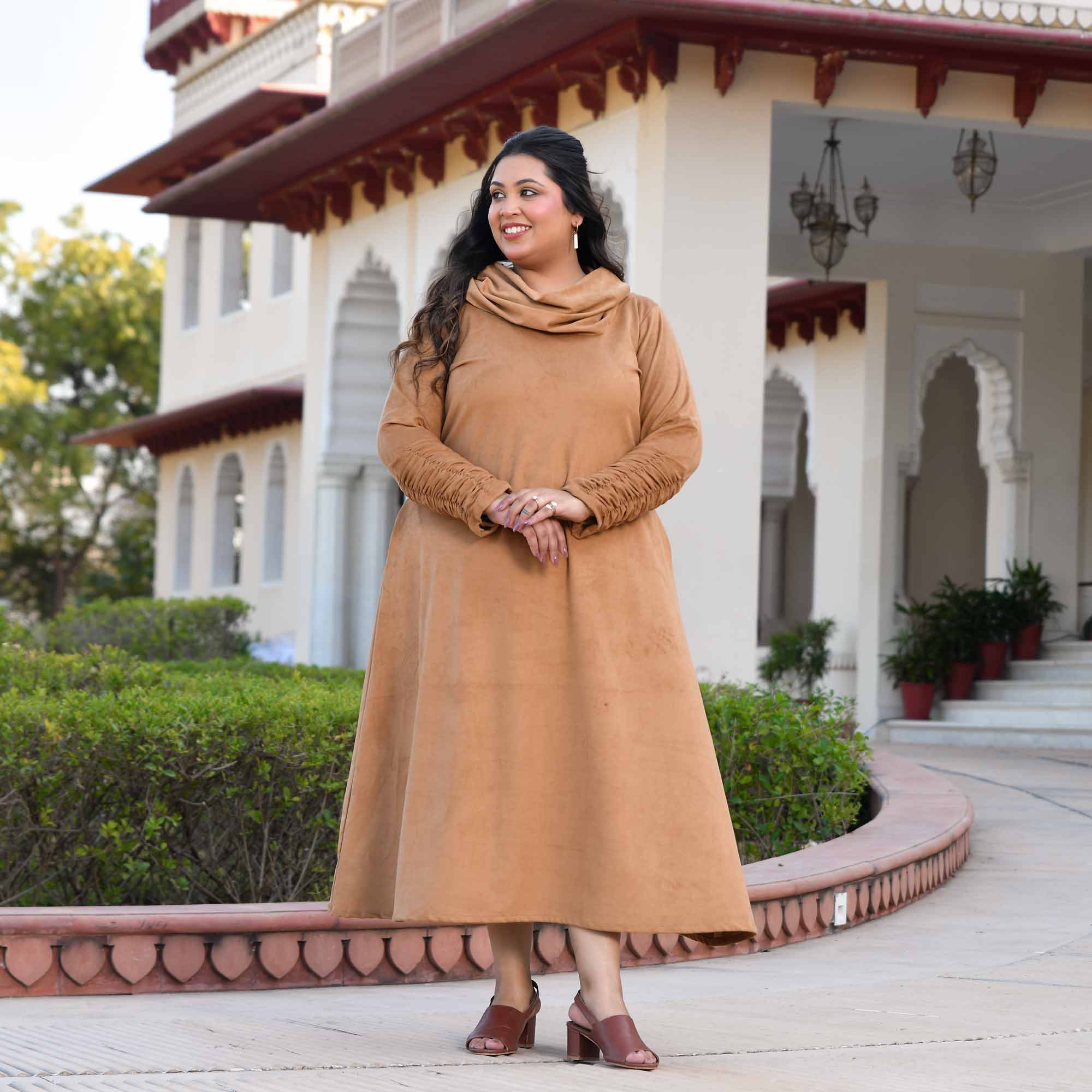 Mochaccino- Woollen Beige Fleece Brushed Aline Cowl Dress