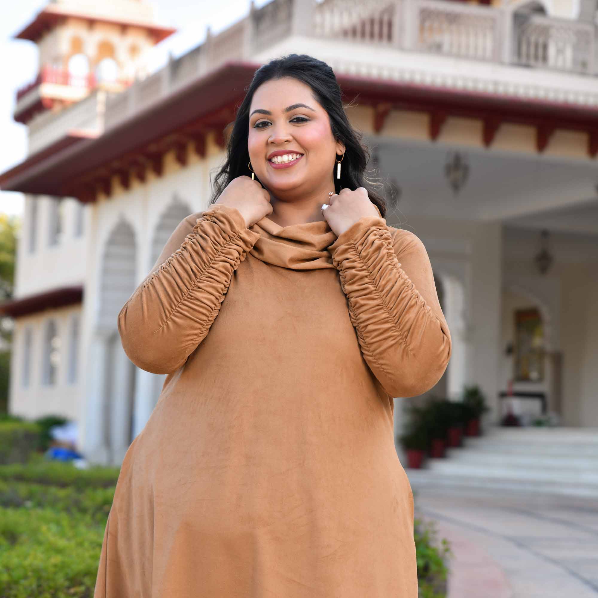 Mochaccino- Woollen Beige Fleece Brushed Aline Cowl Dress