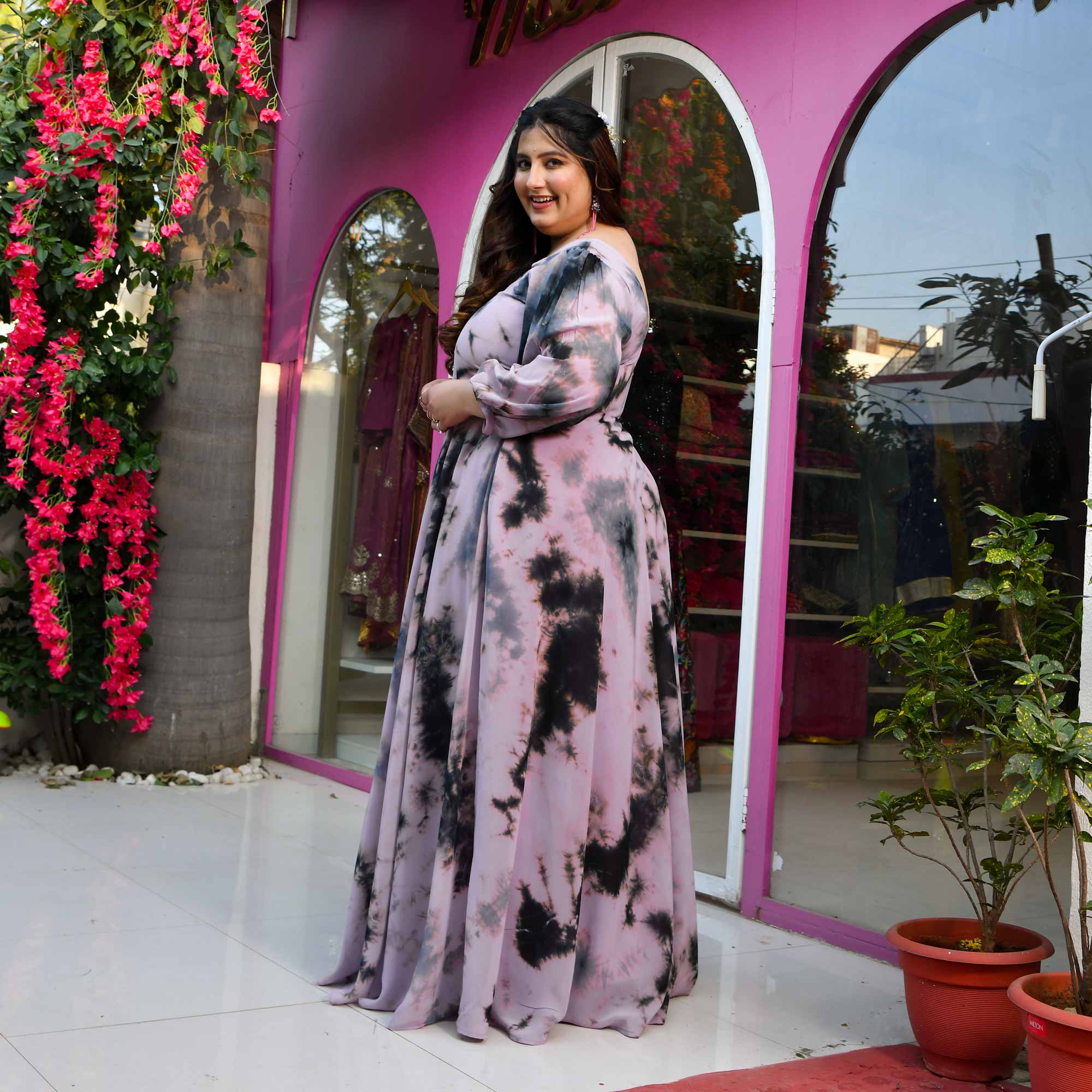 Venus- Dusky Pink & Grey Tie-Die Flowy Georgette Dress