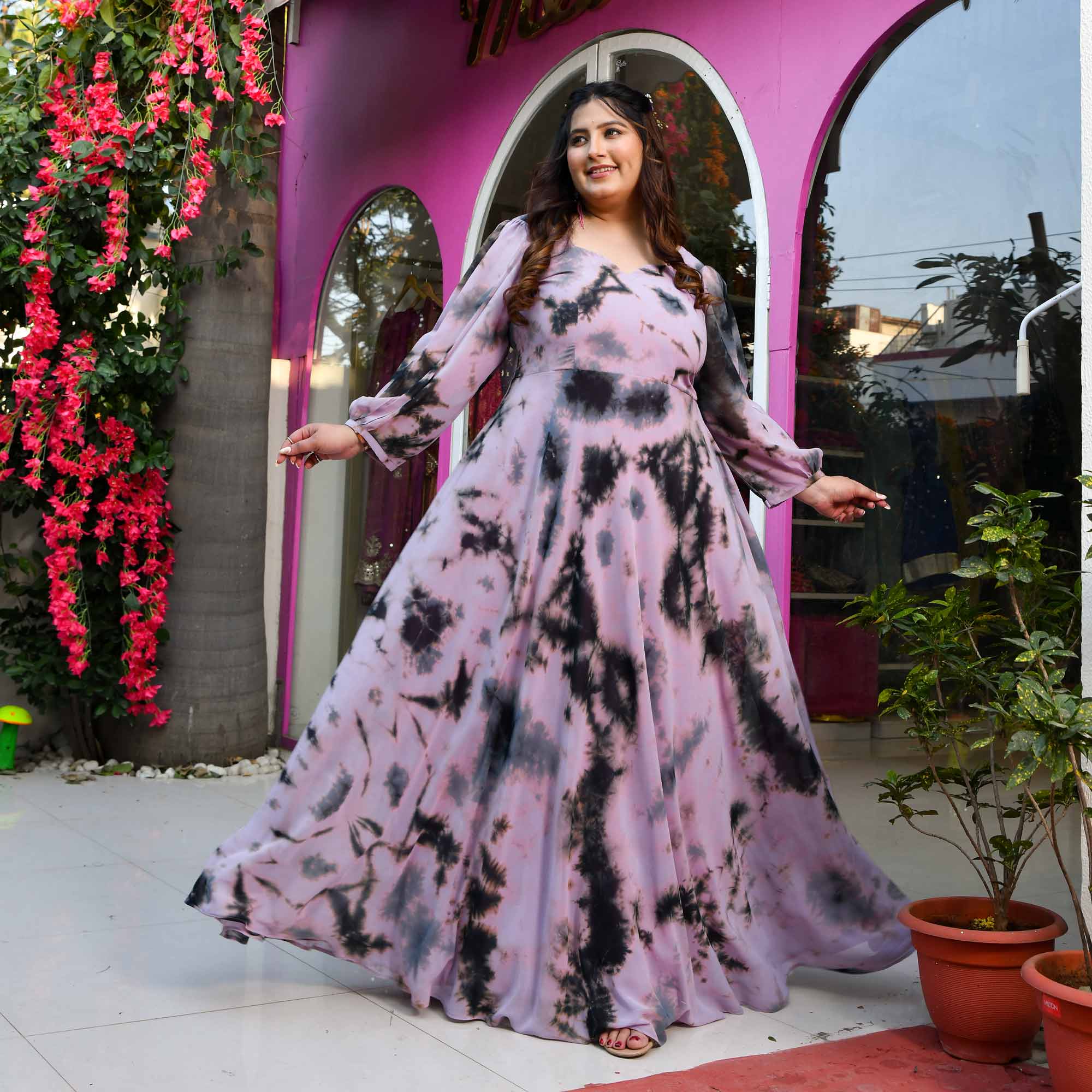 Venus- Dusky Pink & Grey Tie-Die Flowy Georgette Dress