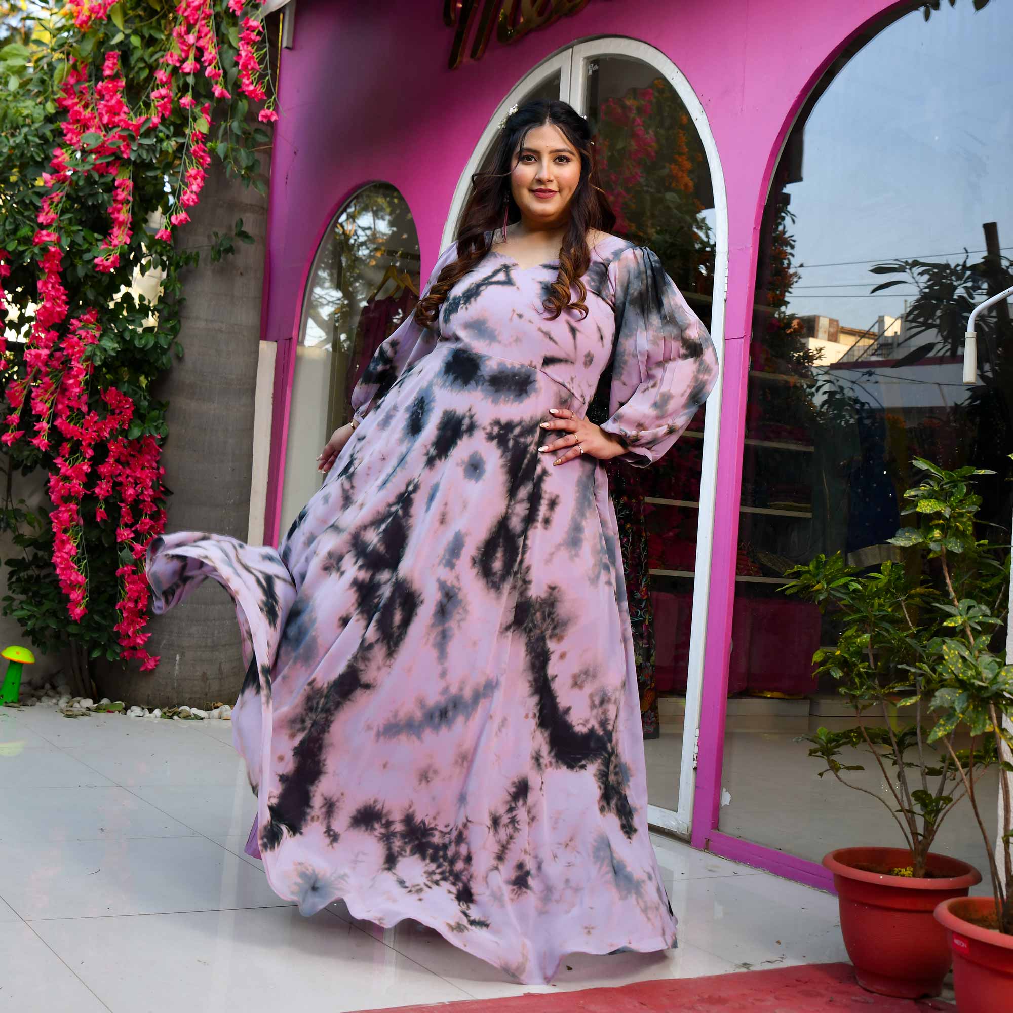 Venus- Dusky Pink & Grey Tie-Die Flowy Georgette Dress