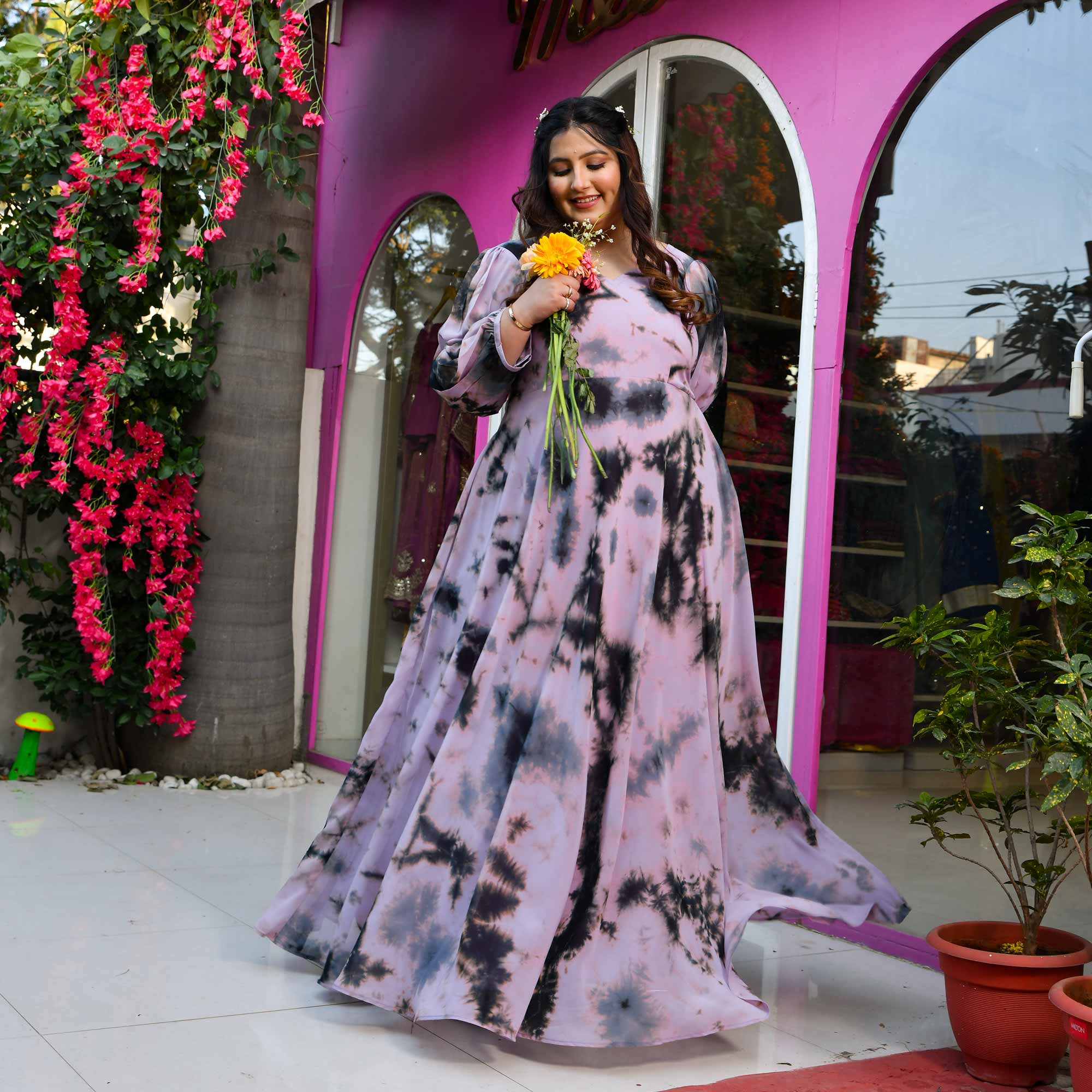 Venus- Dusky Pink & Grey Tie-Die Flowy Georgette Dress