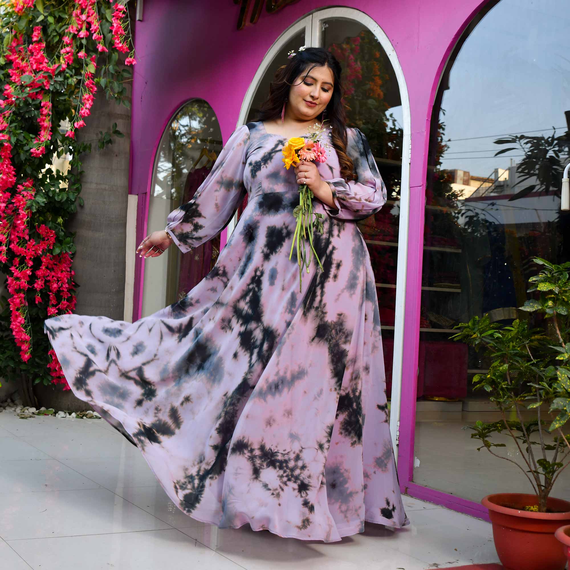 Venus- Dusky Pink & Grey Tie-Die Flowy Georgette Dress