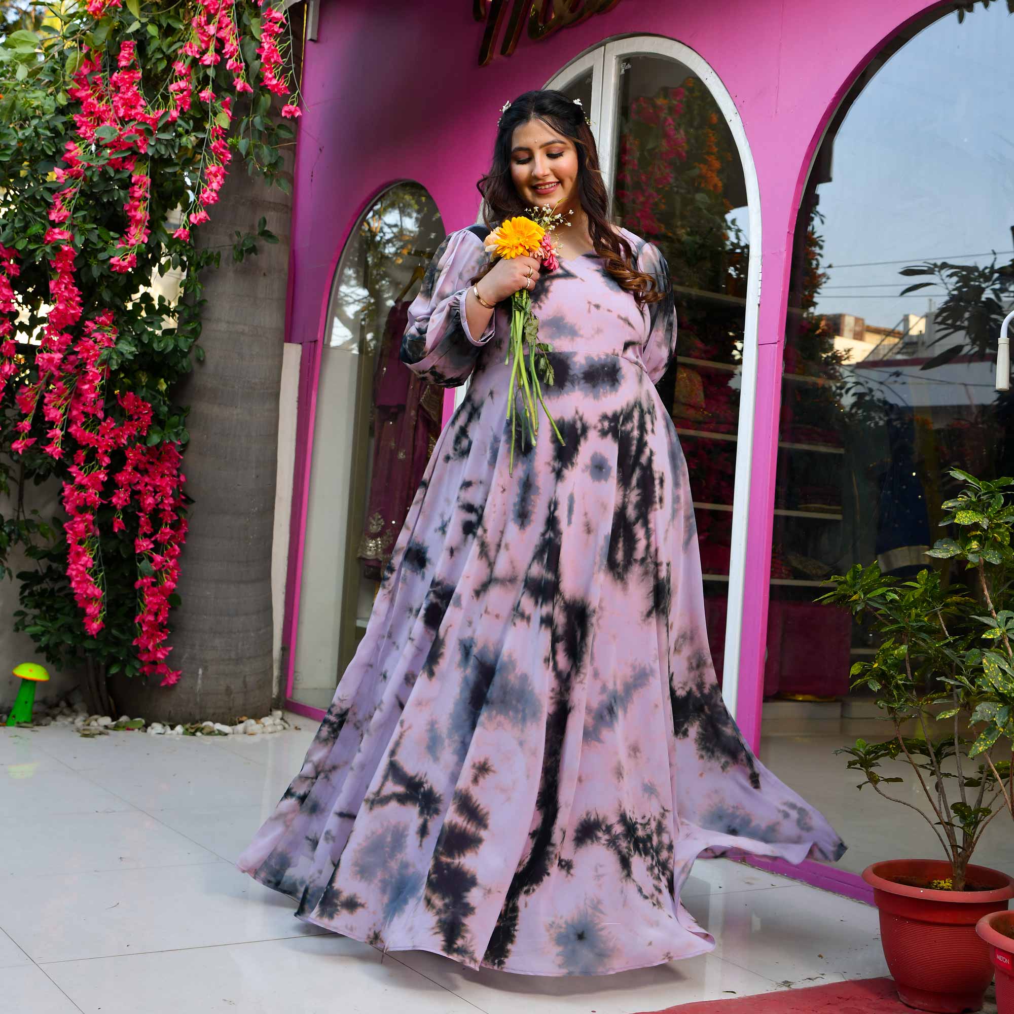 Venus- Dusky Pink & Grey Tie-Die Flowy Georgette Dress