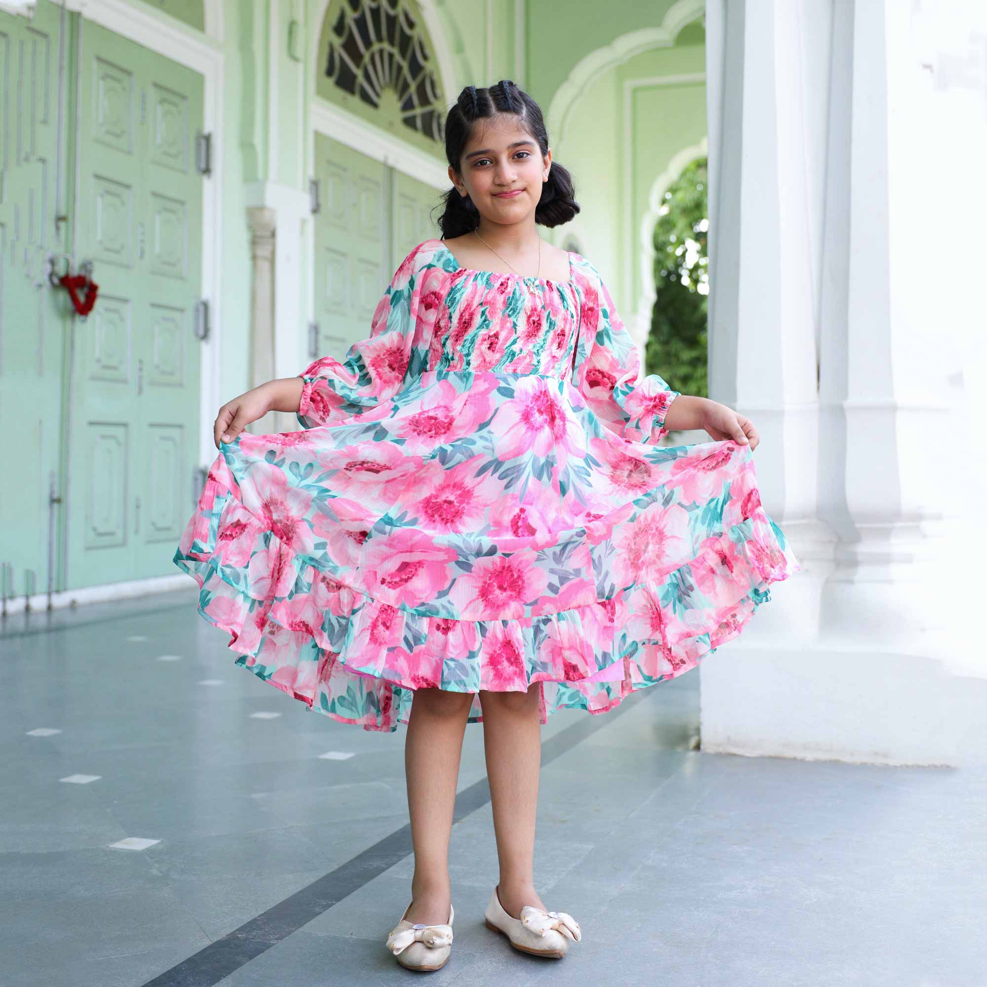 Sweet Pink Floral Kids Smocking Georgette Dress