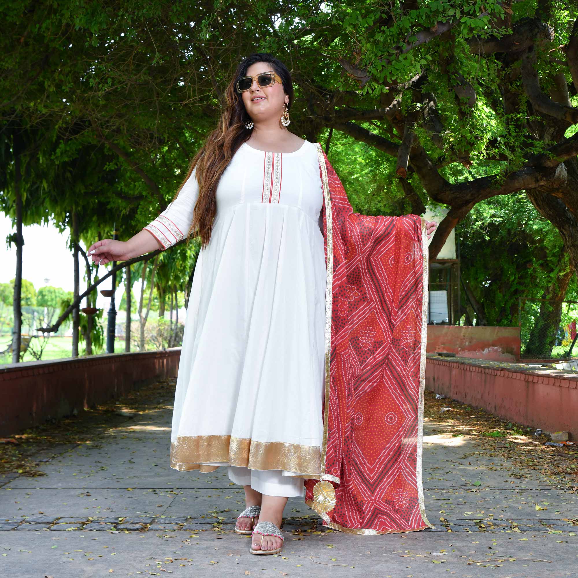 White Royal Cotton Embroidered Anarkali Set