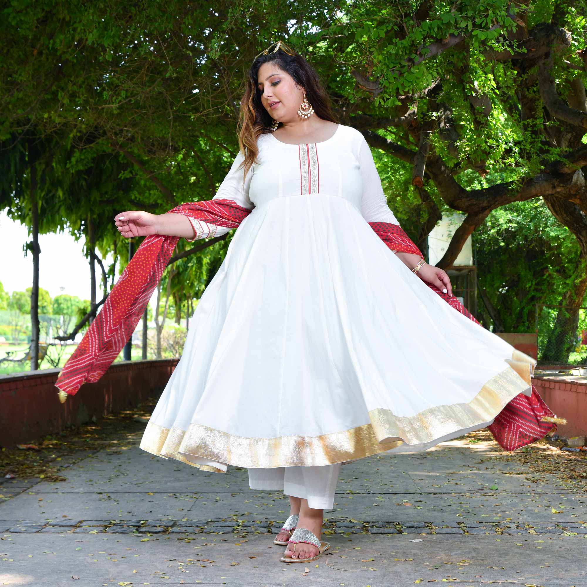 White Royal Cotton Embroidered Anarkali Set