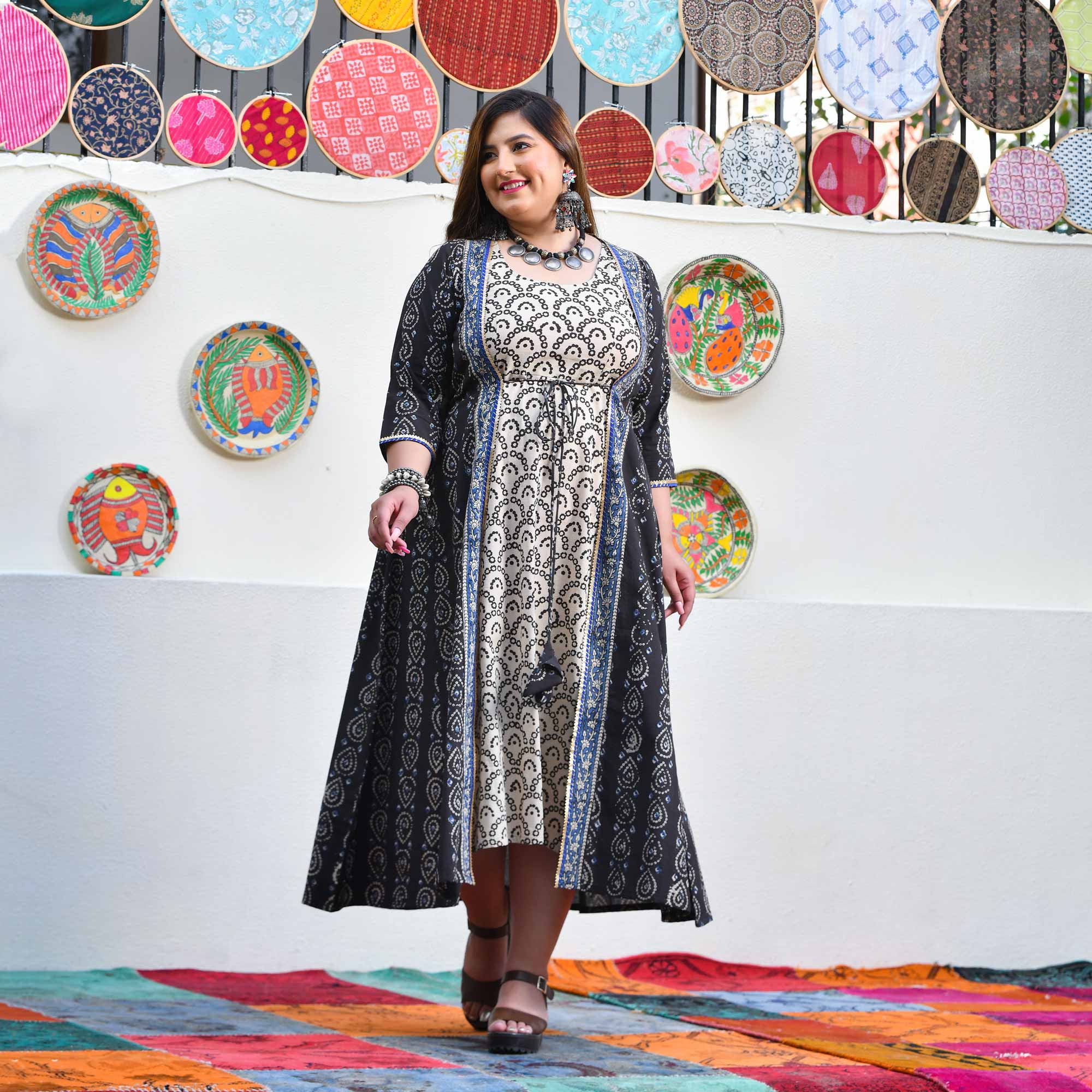 Shadow & Sand Handblock Printed Bandhani Dress With Cape