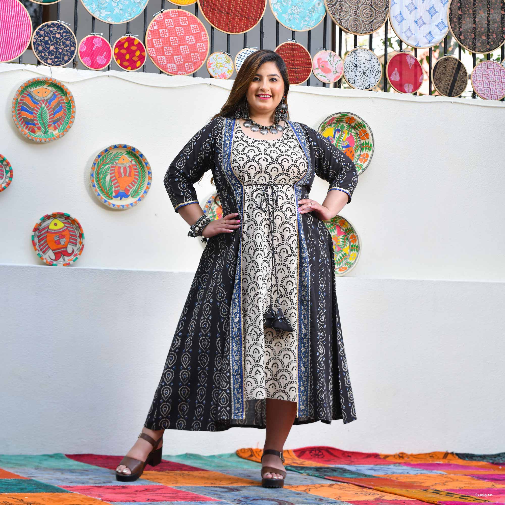 Shadow & Sand Handblock Printed Bandhani Dress With Cape