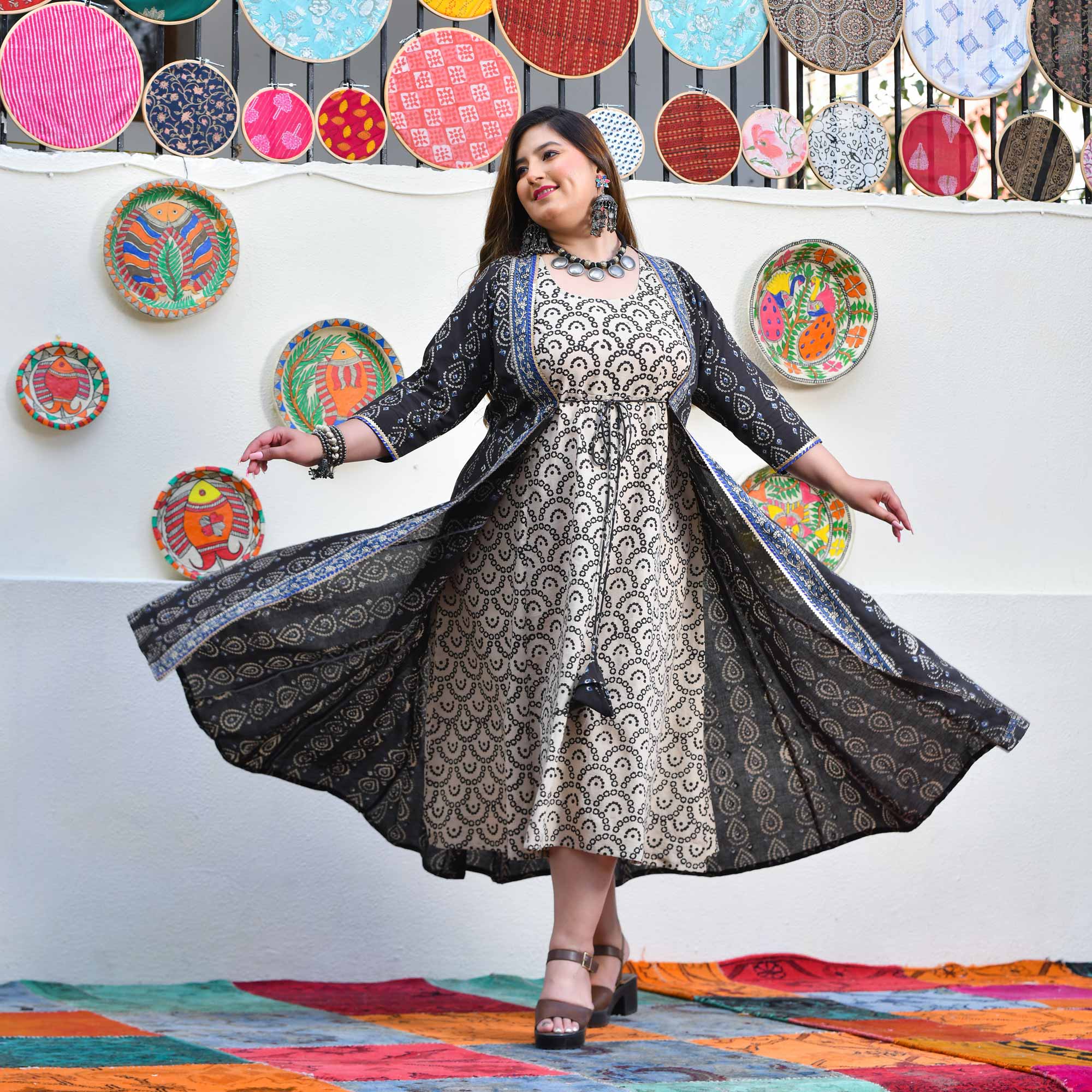 Shadow & Sand Handblock Printed Bandhani Dress With Cape