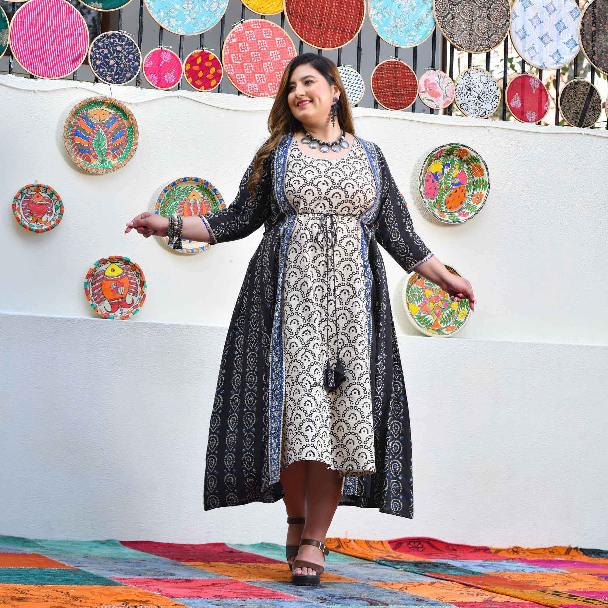 Shadow & Sand Handblock Printed Bandhani Dress With Cape