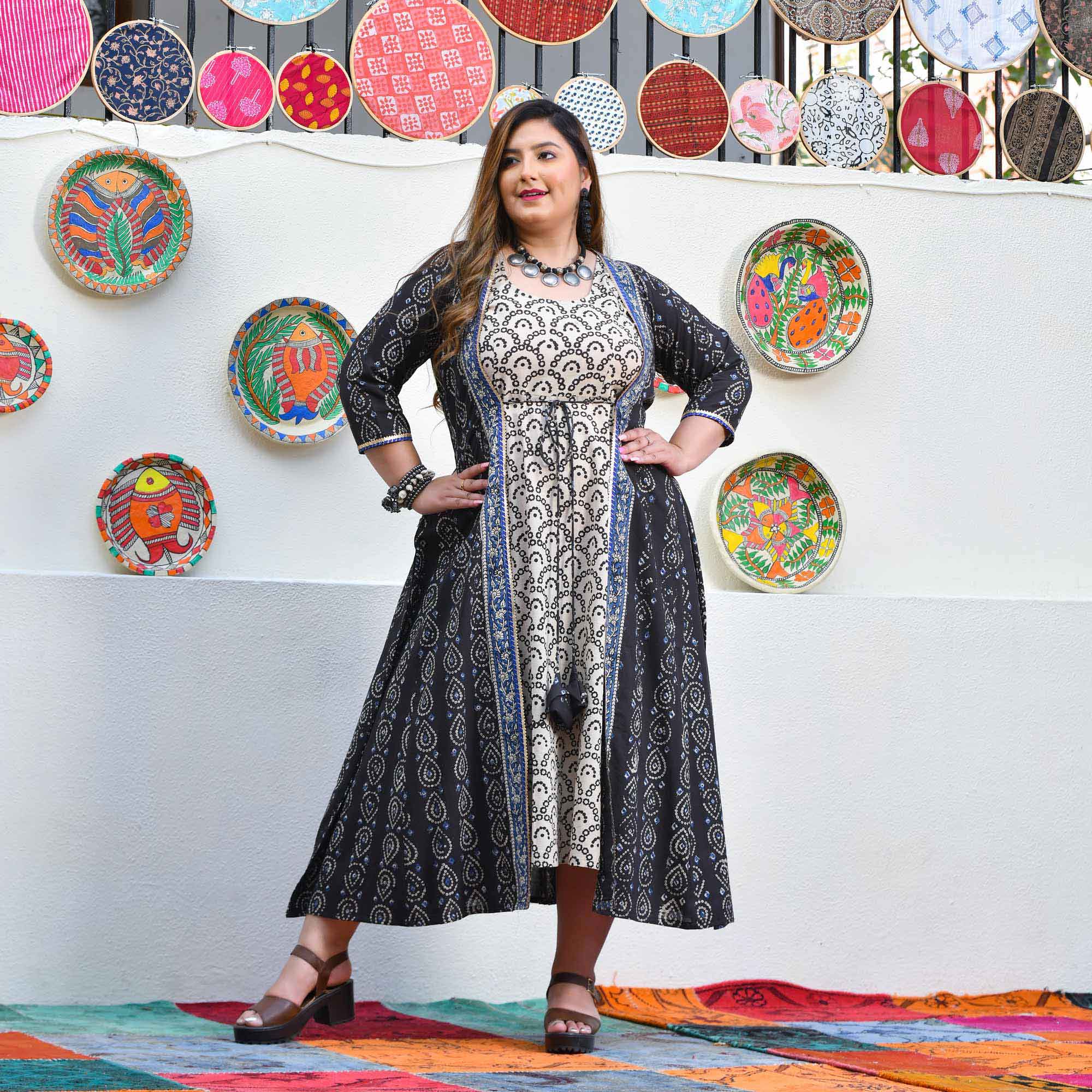 Shadow & Sand Handblock Printed Bandhani Dress With Cape