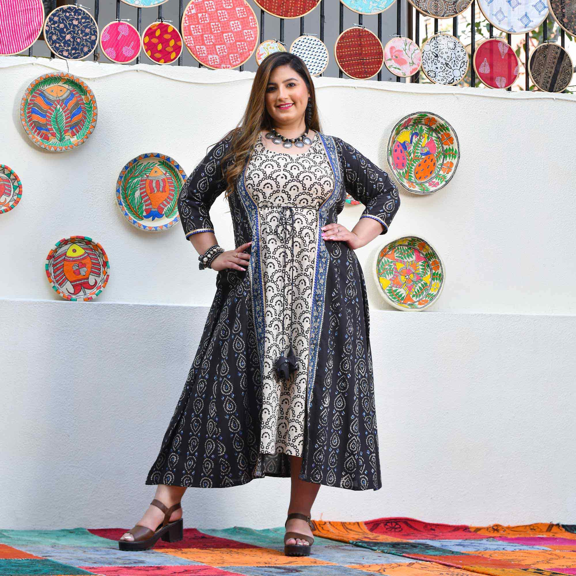 Shadow & Sand Handblock Printed Bandhani Dress With Cape