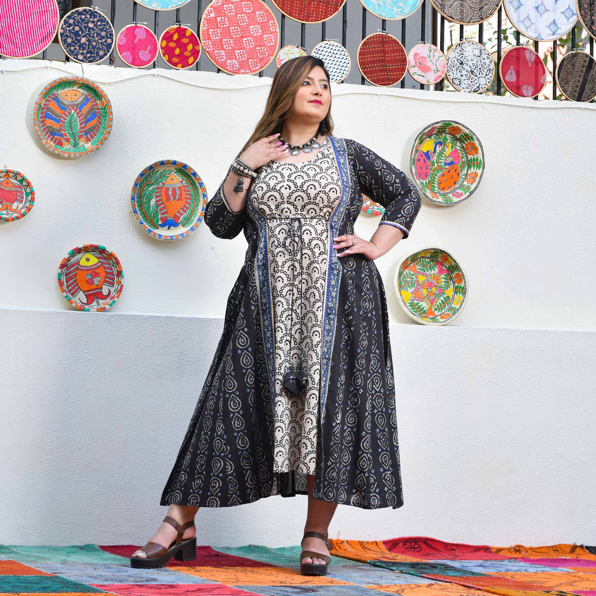 Shadow & Sand Handblock Printed Bandhani Dress With Cape