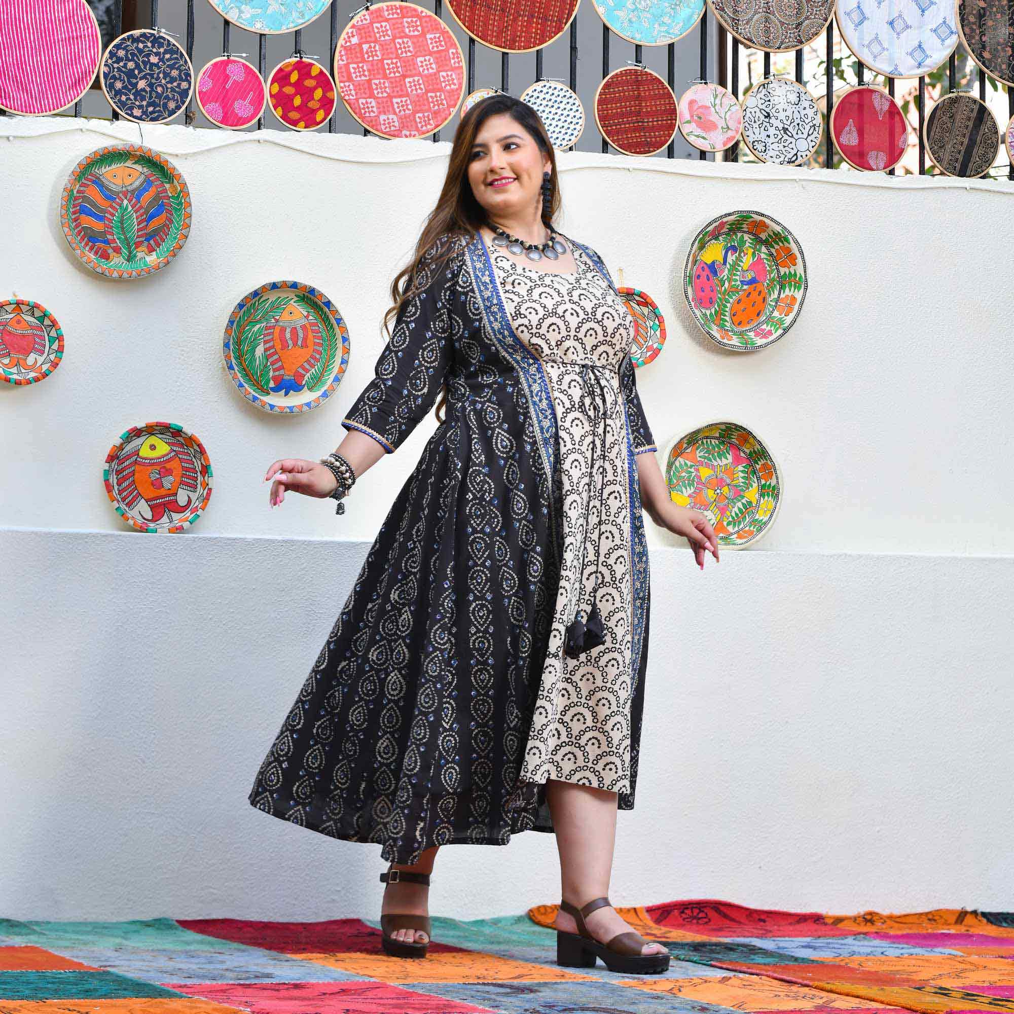 Shadow & Sand Handblock Printed Bandhani Dress With Cape