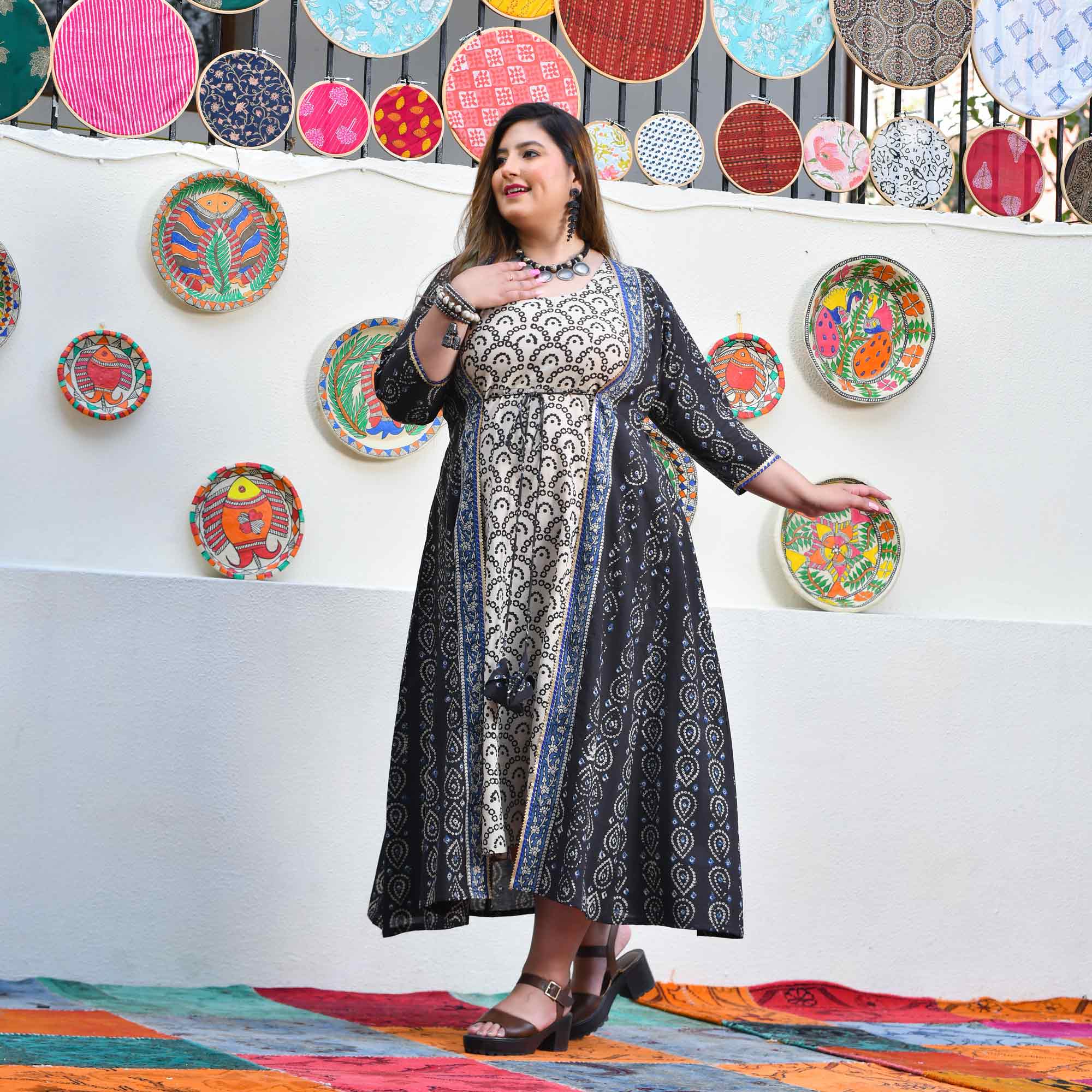 Shadow & Sand Handblock Printed Bandhani Dress With Cape