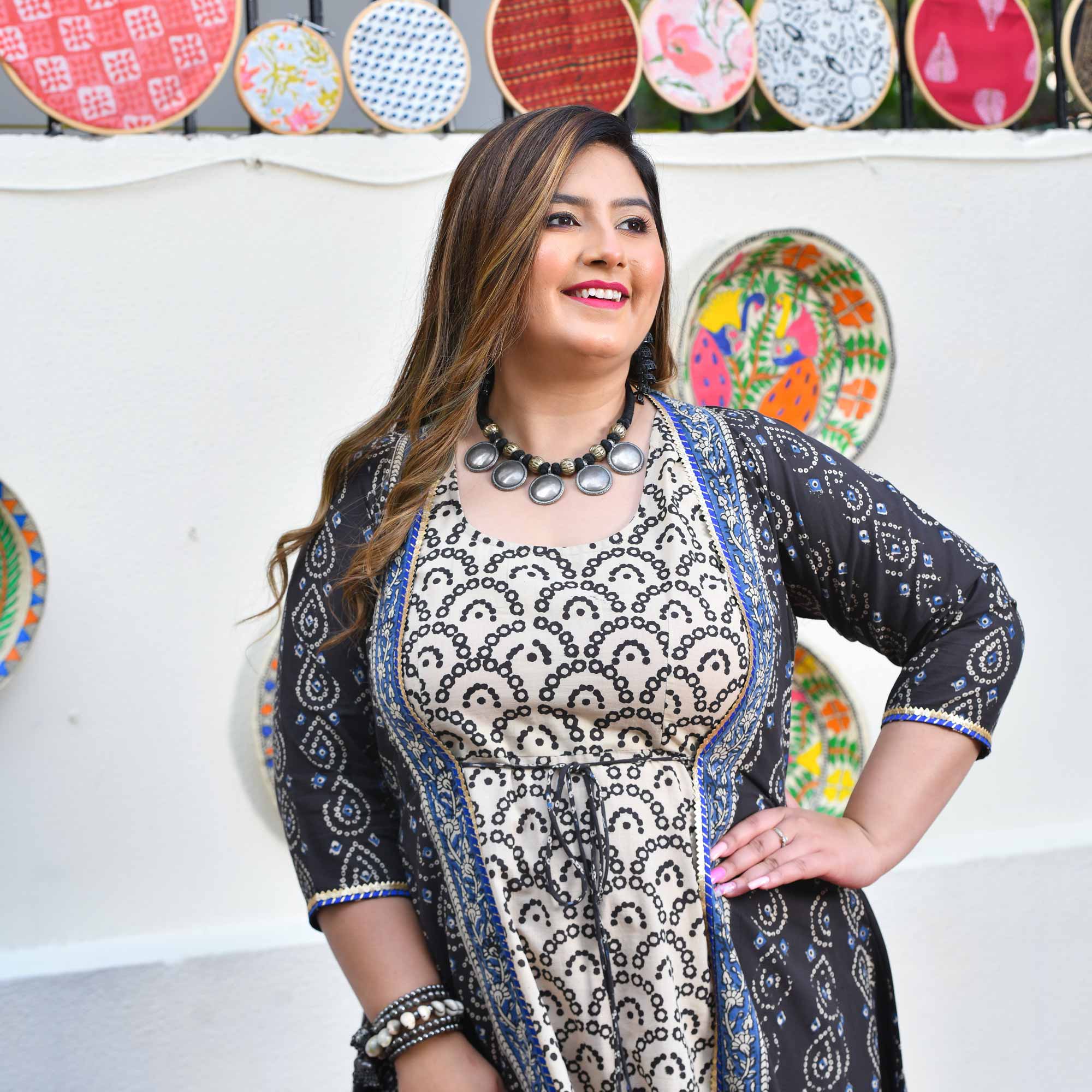 Shadow & Sand Handblock Printed Bandhani Dress With Cape