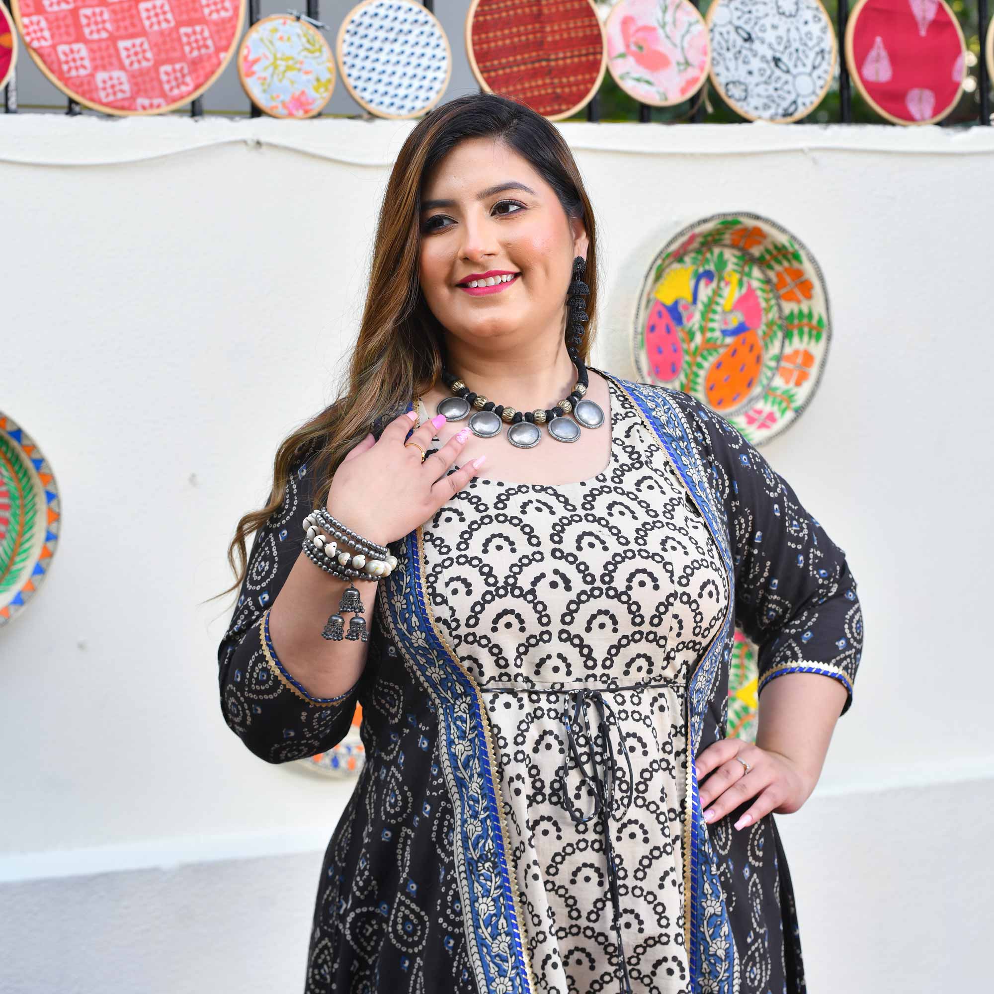 Shadow & Sand Handblock Printed Bandhani Dress With Cape