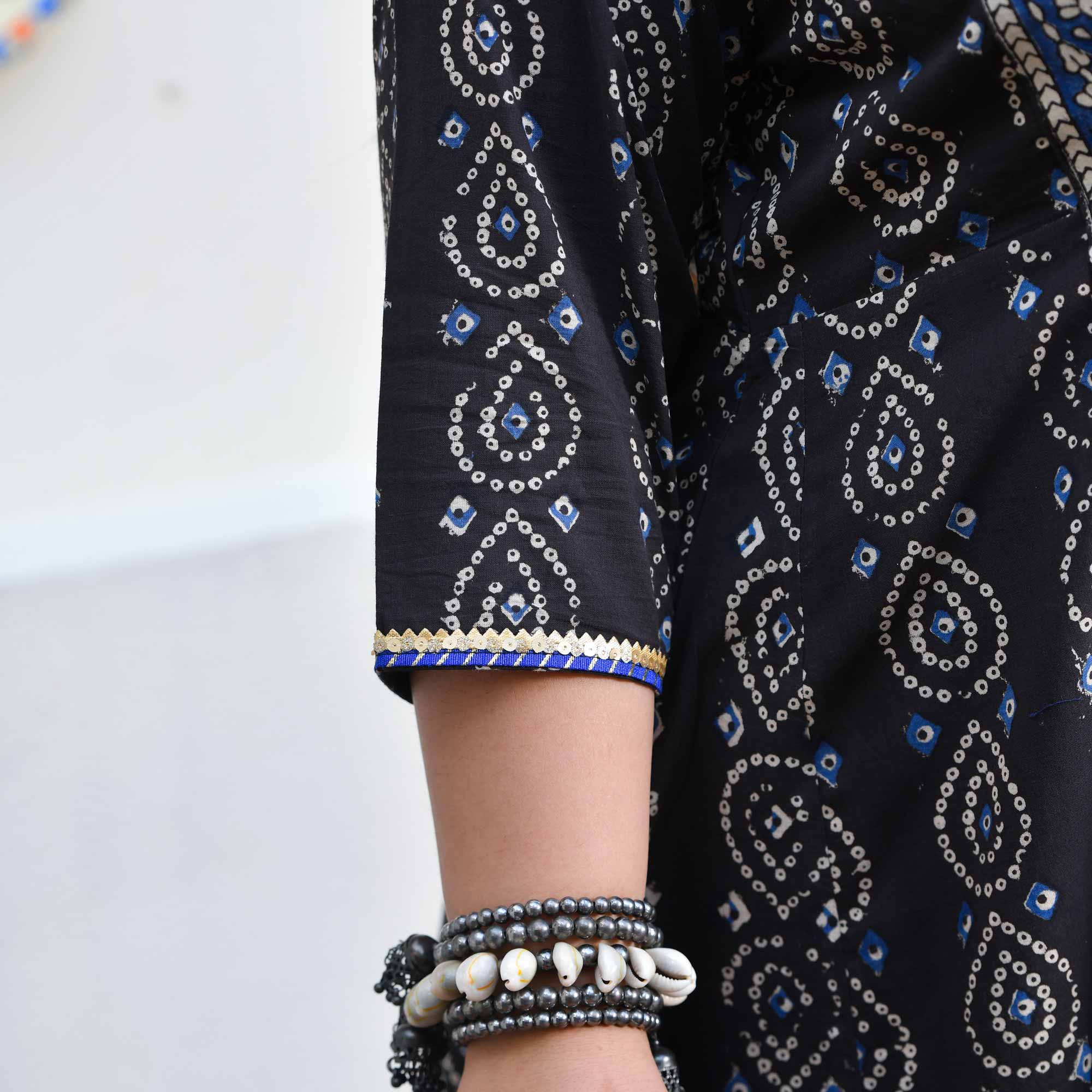 Shadow & Sand Handblock Printed Bandhani Dress With Cape