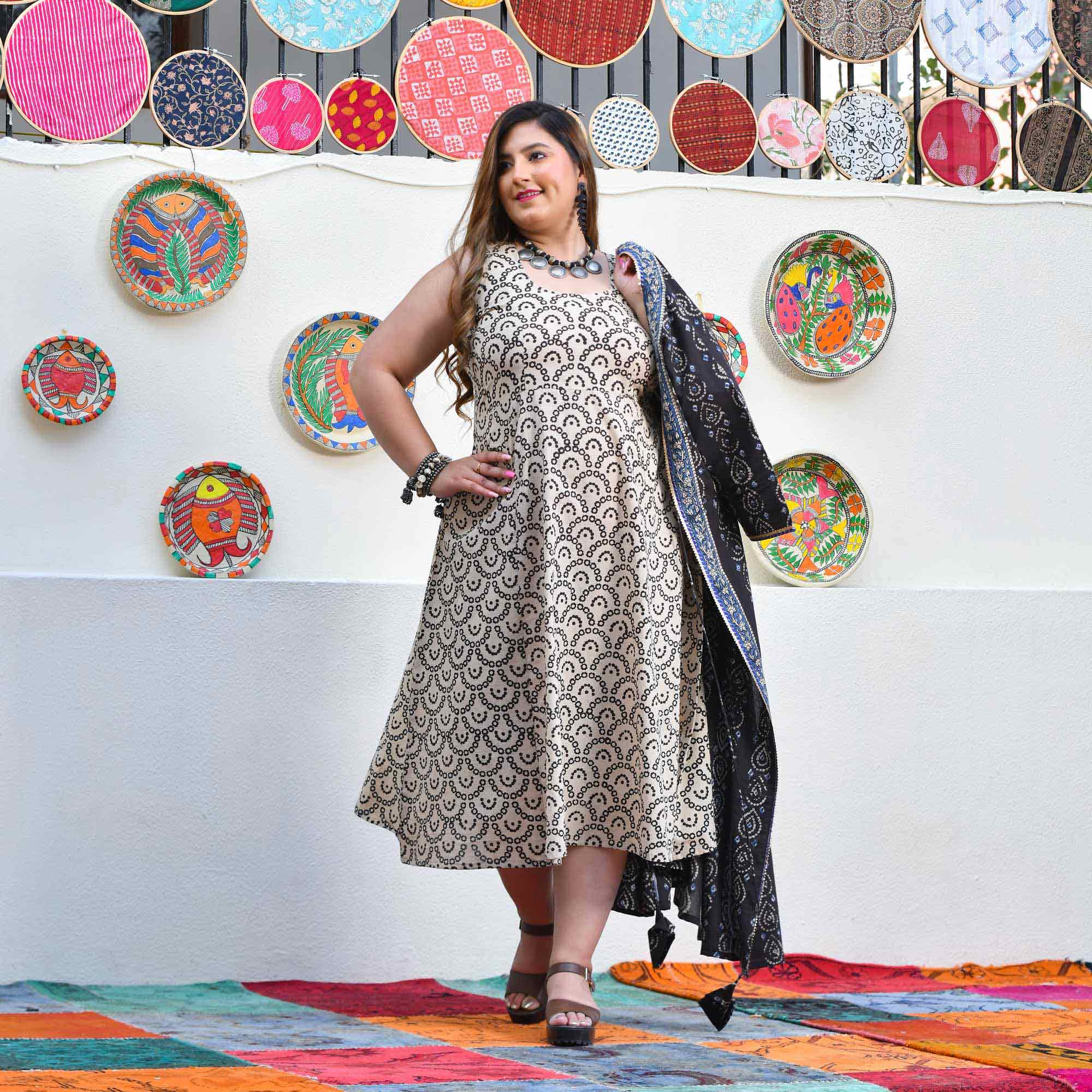 Shadow & Sand Handblock Printed Bandhani Dress With Cape