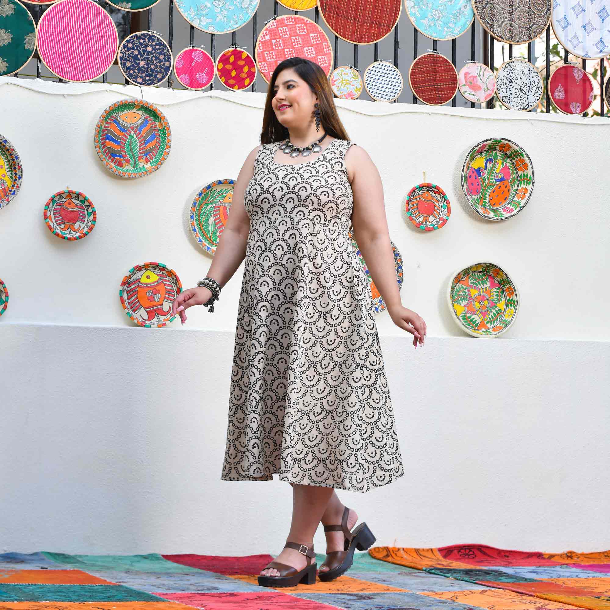 Shadow & Sand Handblock Printed Bandhani Dress With Cape