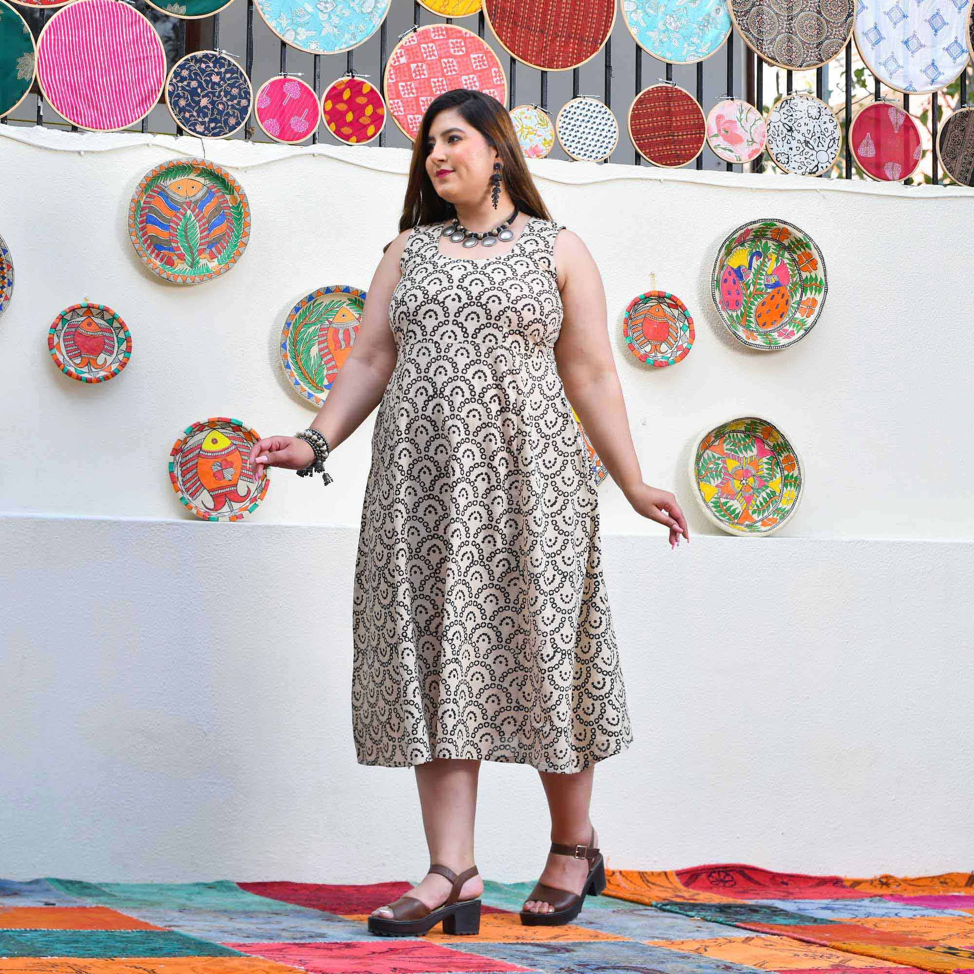 Shadow & Sand Handblock Printed Bandhani Dress With Cape