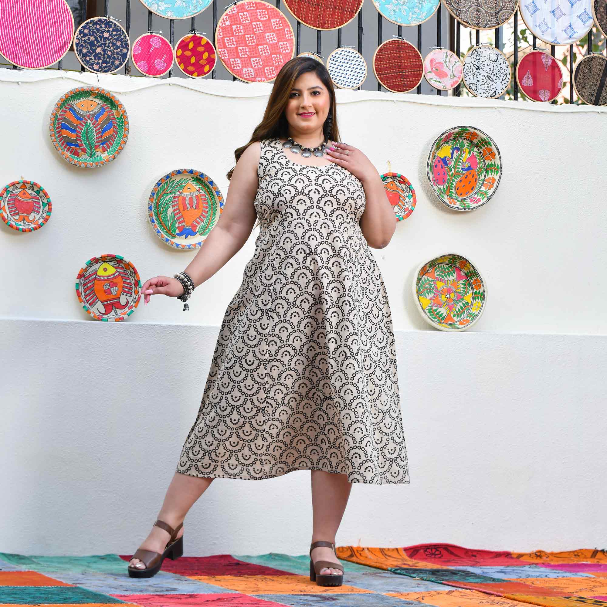 Shadow & Sand Handblock Printed Bandhani Dress With Cape