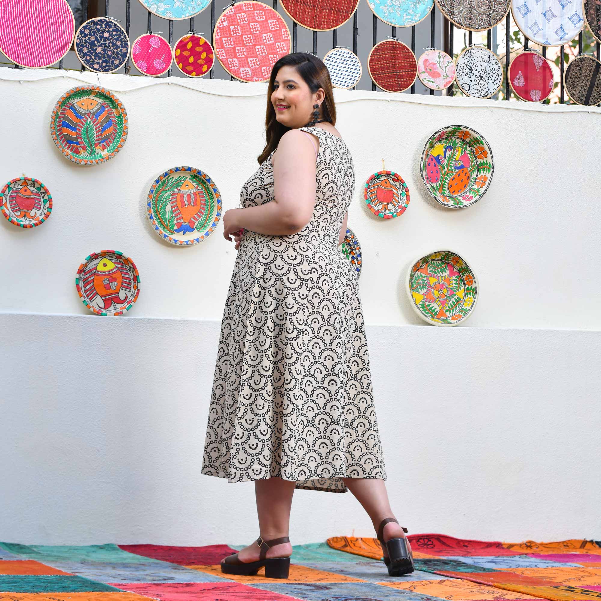 Shadow & Sand Handblock Printed Bandhani Dress With Cape