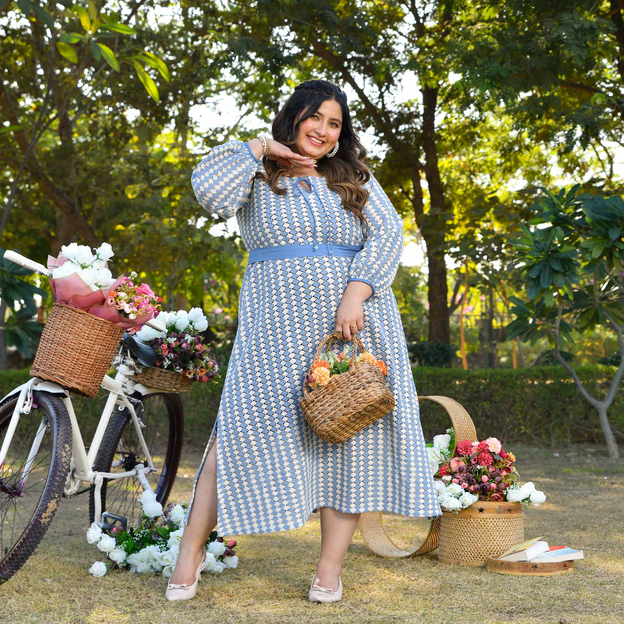 Greece- Sky Blue & White Cotton Knitted Laced Aline Dress Greece- Sky Blue & White Cotton Knitted Laced Aline Dress