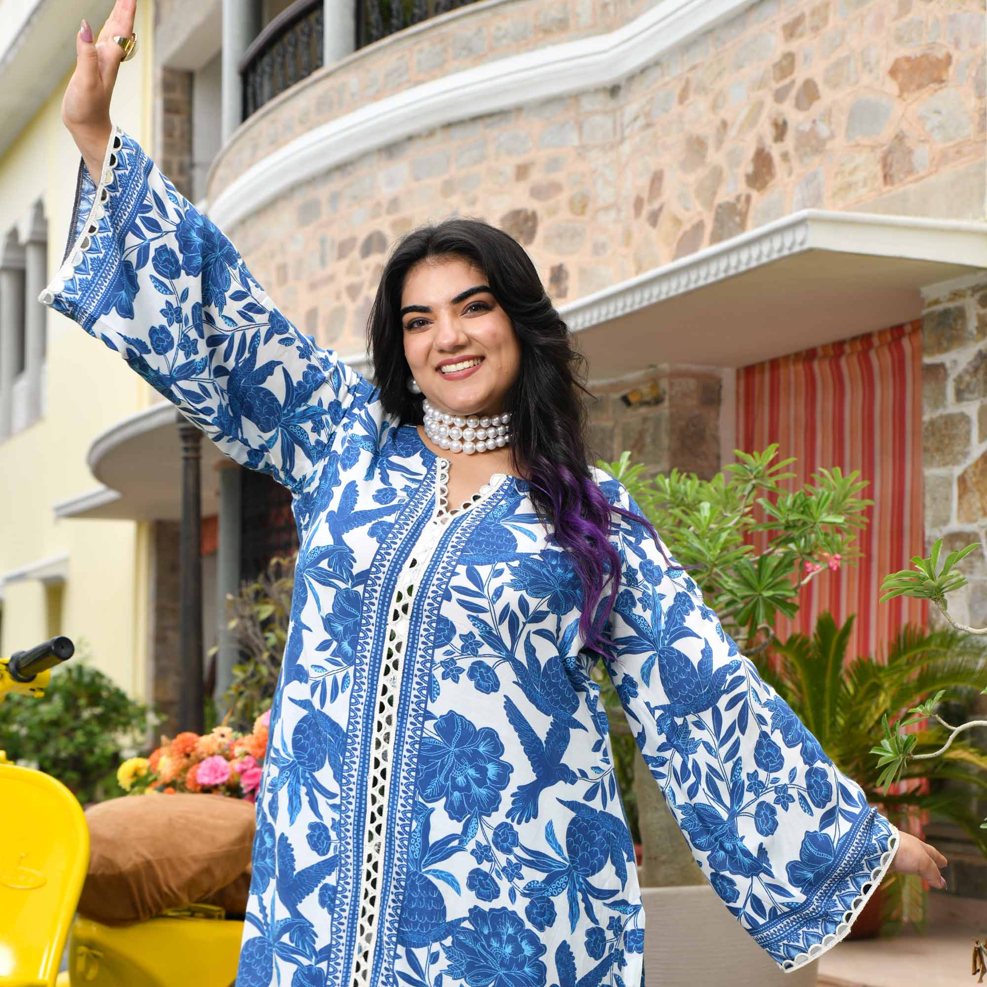 Sophia- Blue Pottery Pure Muslin Co-ord Set
