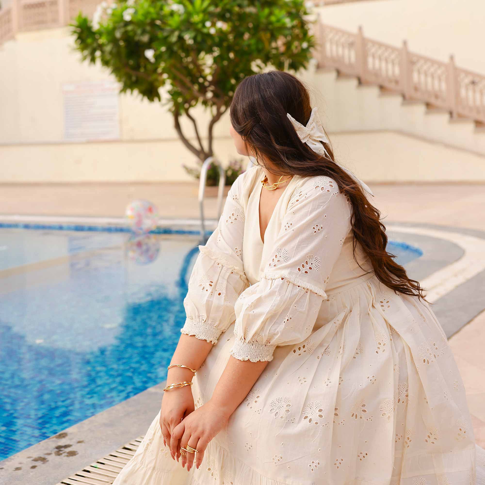 Creamy White Serene Schiffli Dress