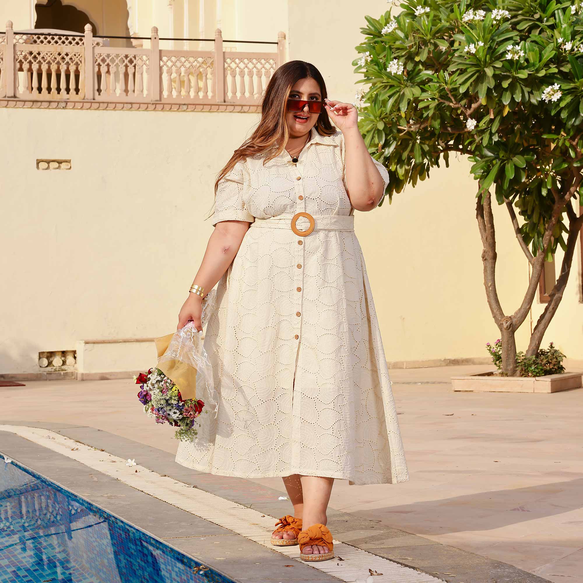 Pearl Perfection Off-White Schiffli Dress