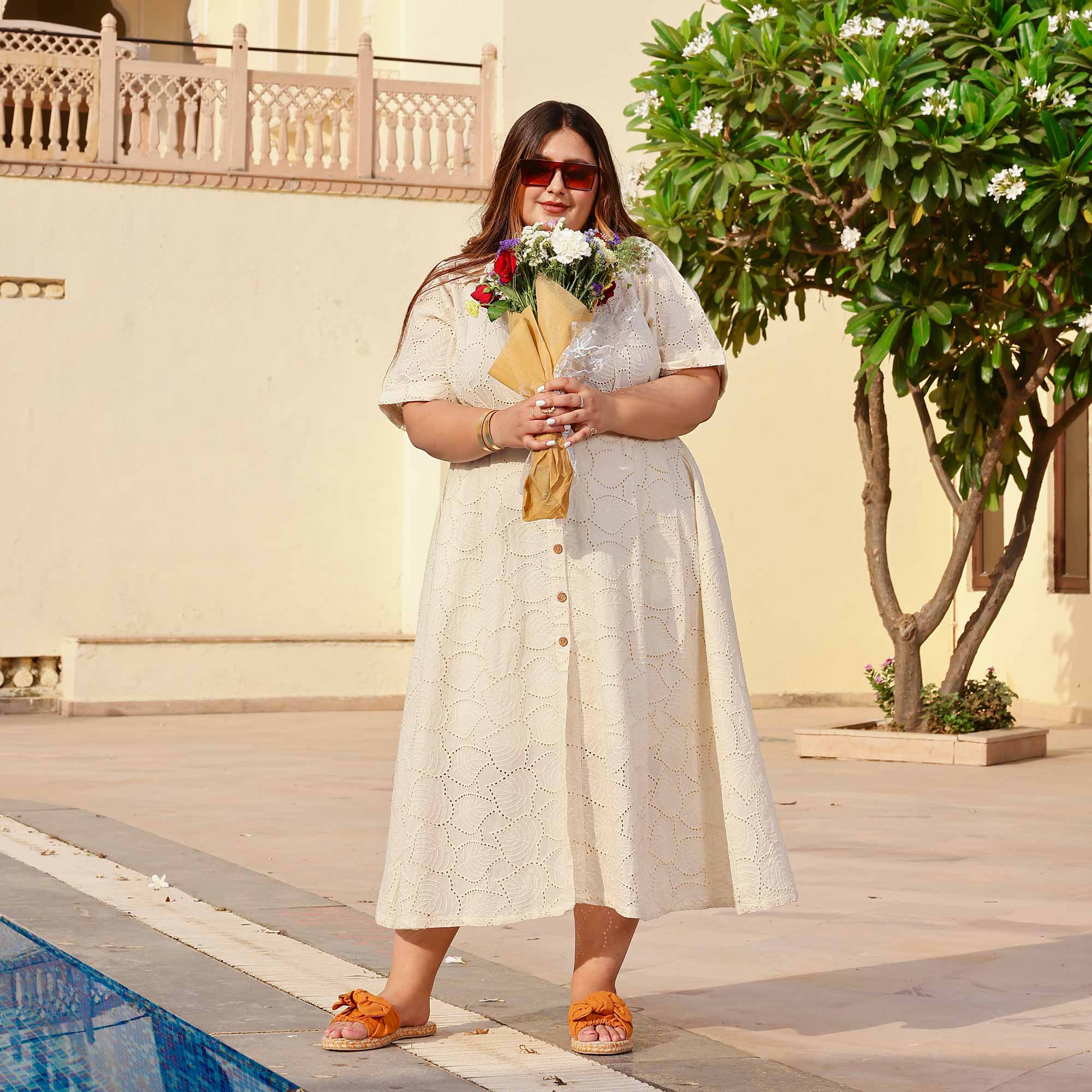 Pearl Perfection Off-White Schiffli Dress