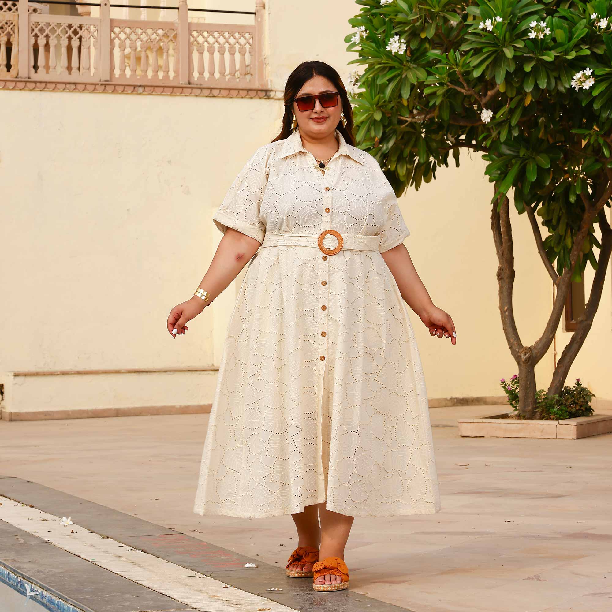 Pearl Perfection Off-White Schiffli Dress