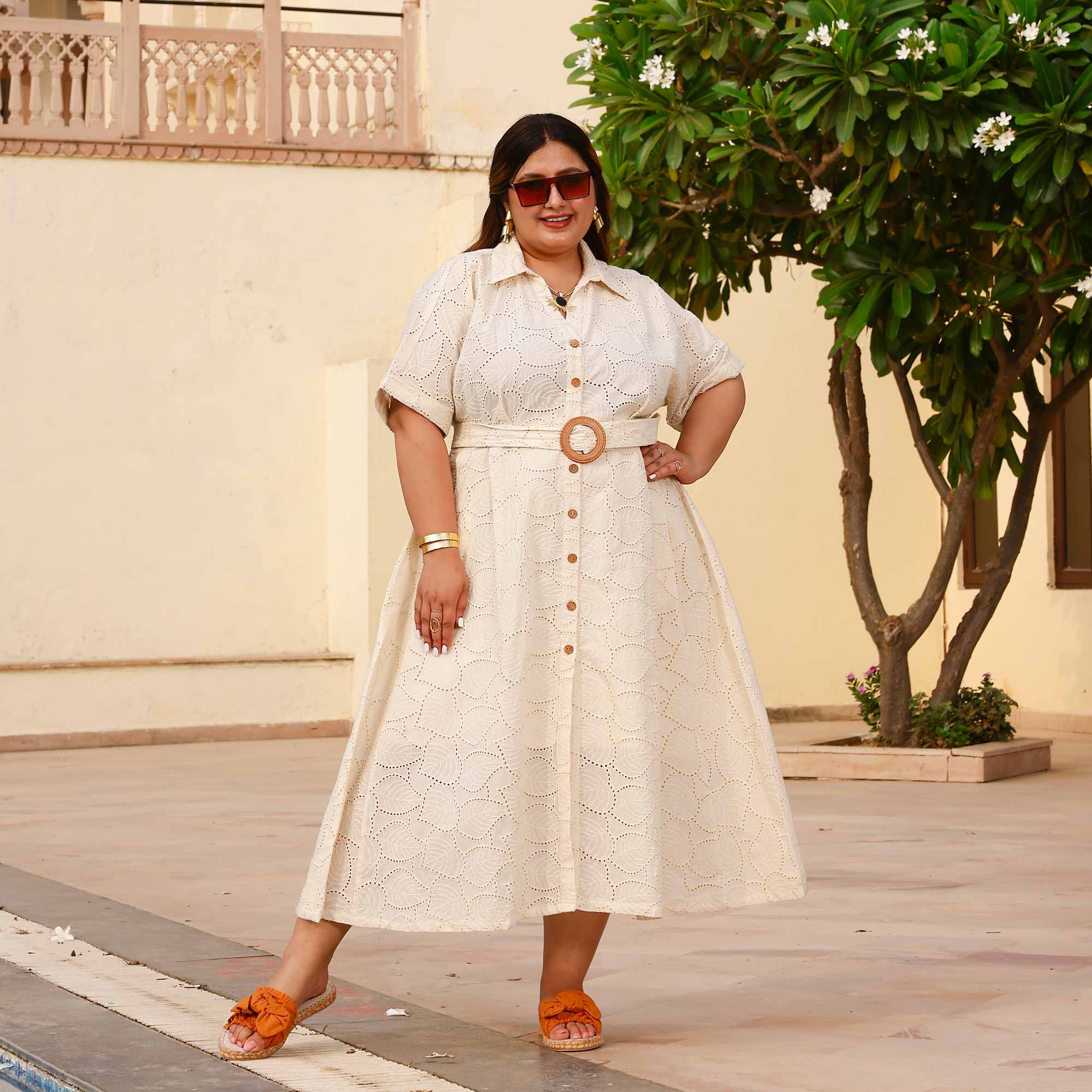 Pearl Perfection Off-White Schiffli Dress