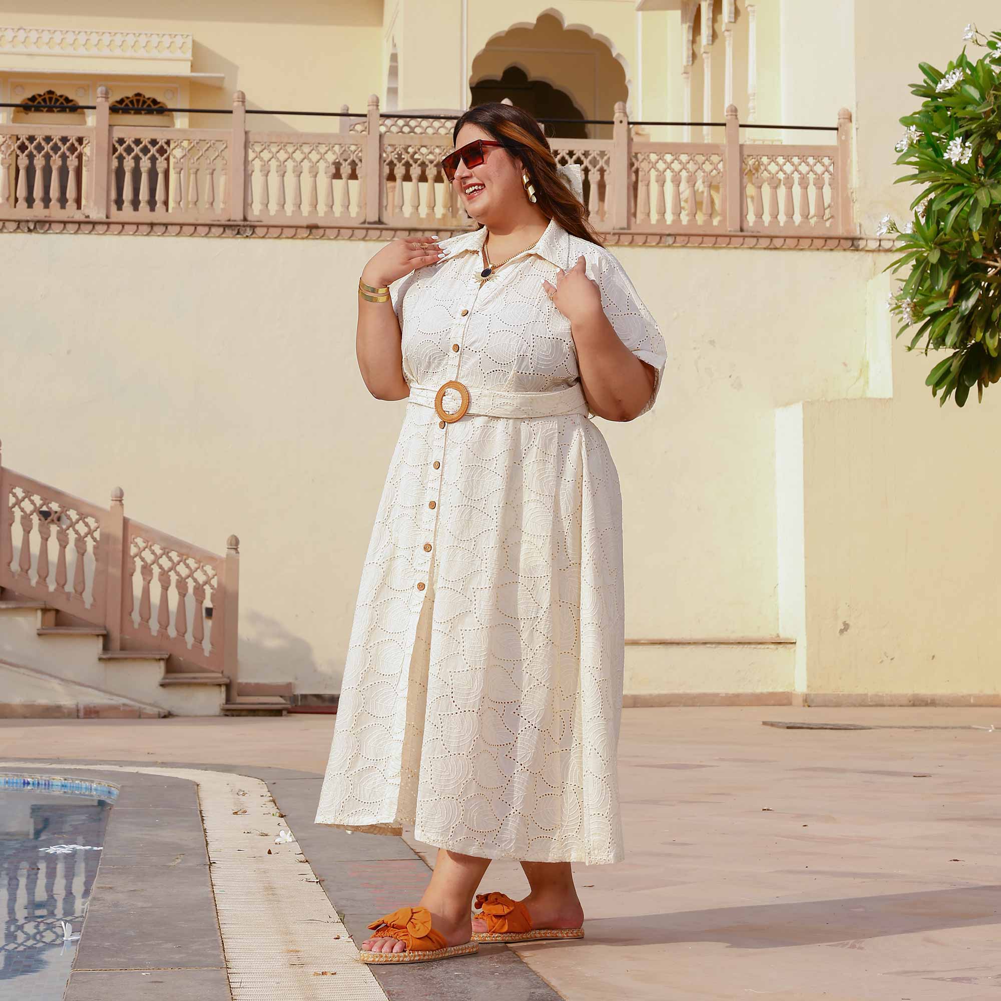 Pearl Perfection Off-White Schiffli Dress