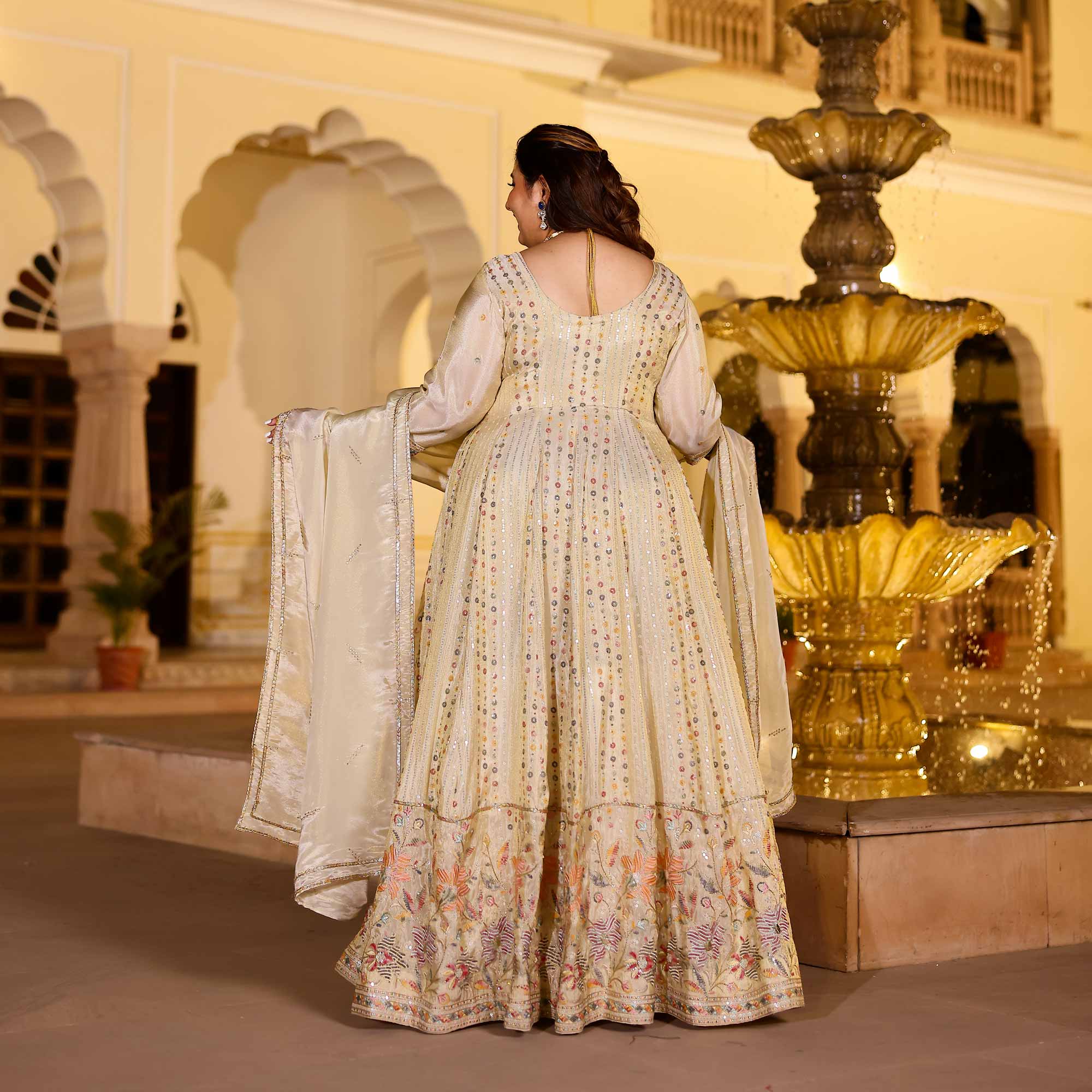 RAGINI Off-White & Gold Sequin Embroidered Pure Tissue Silk Anarkali Set