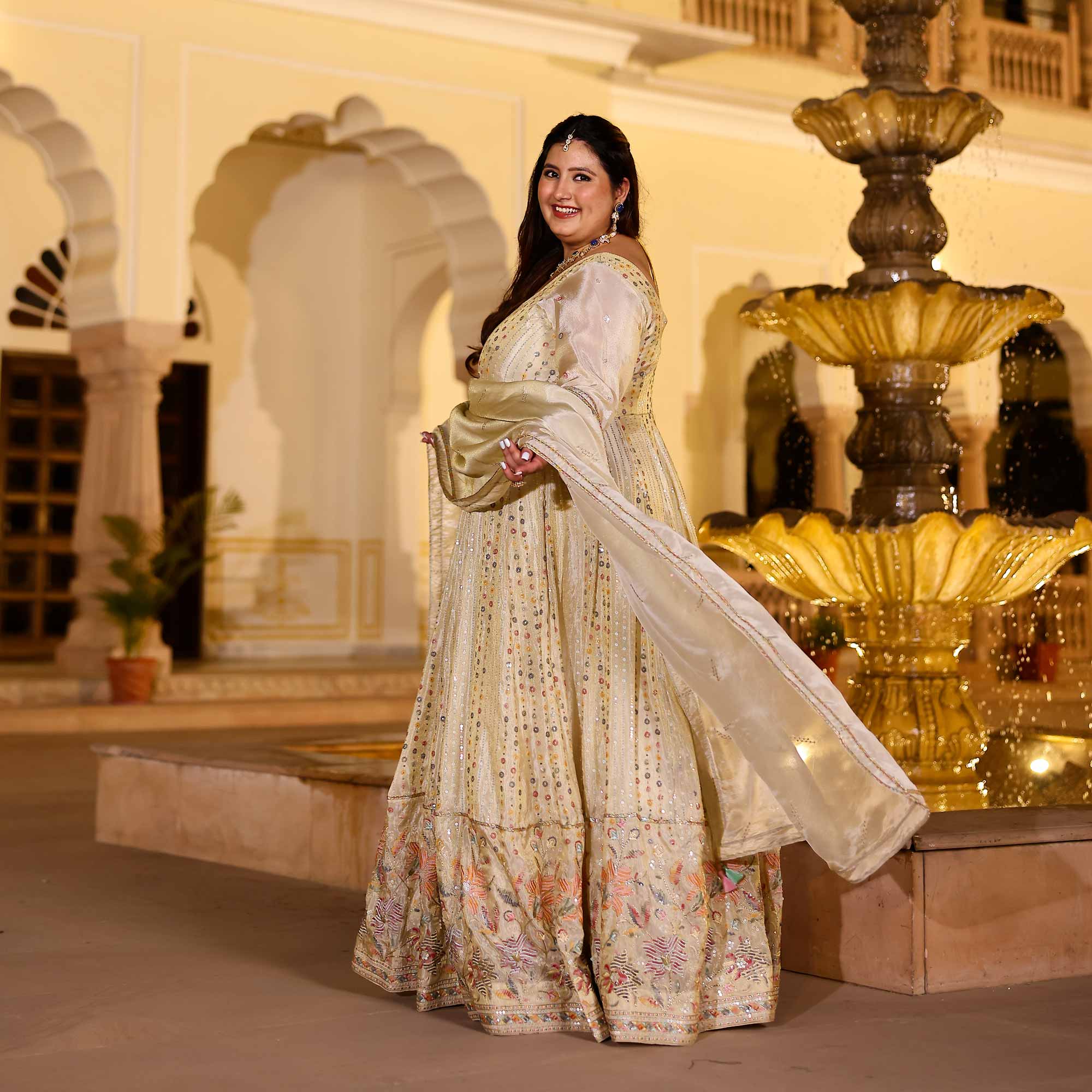 RAGINI Off-White & Gold Sequin Embroidered Pure Tissue Silk Anarkali Set