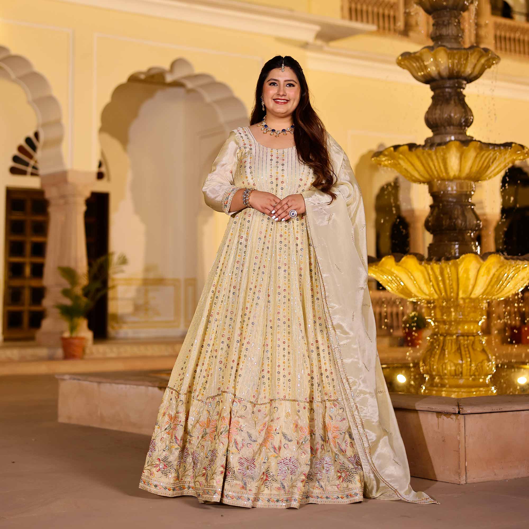 RAGINI Off-White & Gold Sequin Embroidered Pure Tissue Silk Anarkali Set