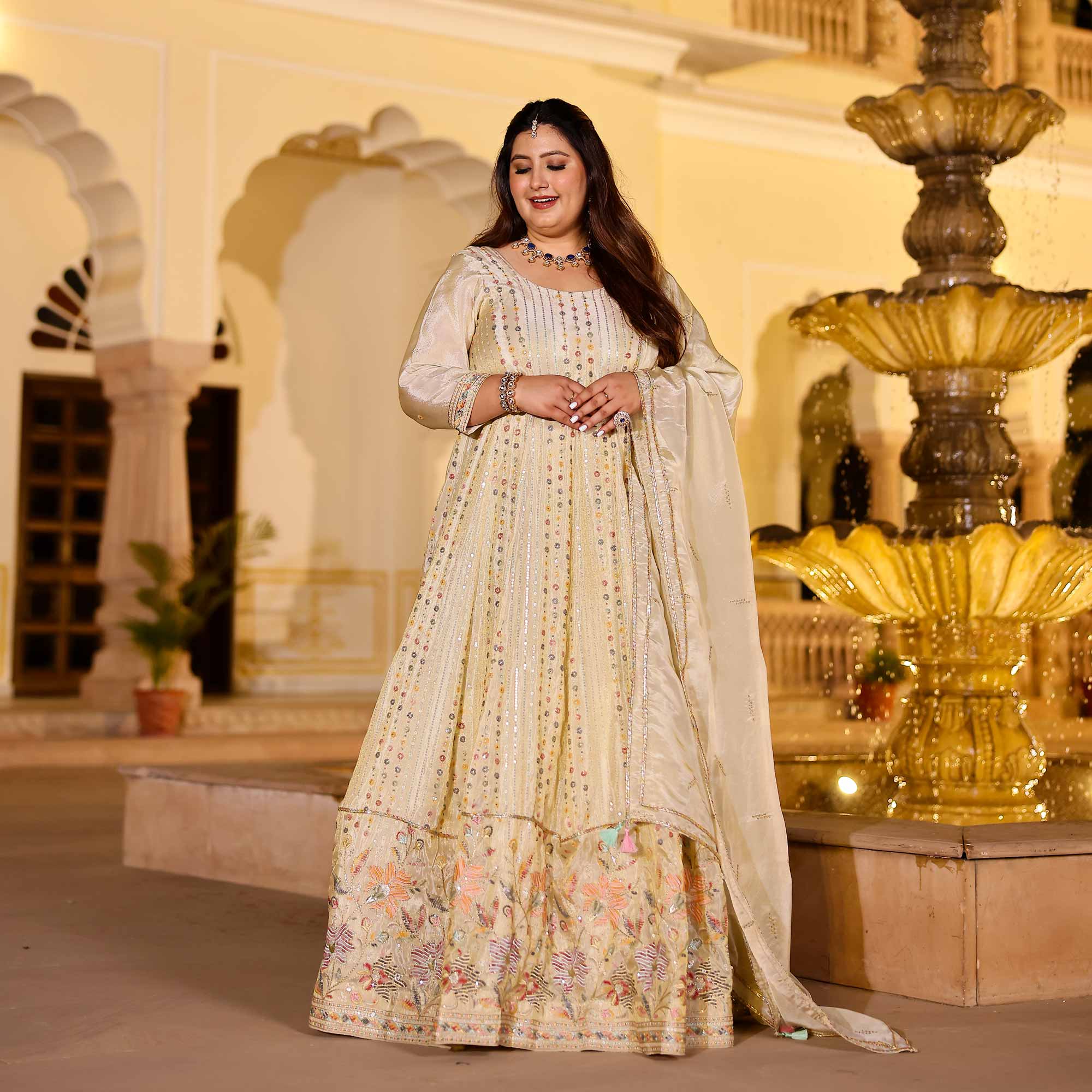 RAGINI Off-White & Gold Sequin Embroidered Pure Tissue Silk Anarkali Set