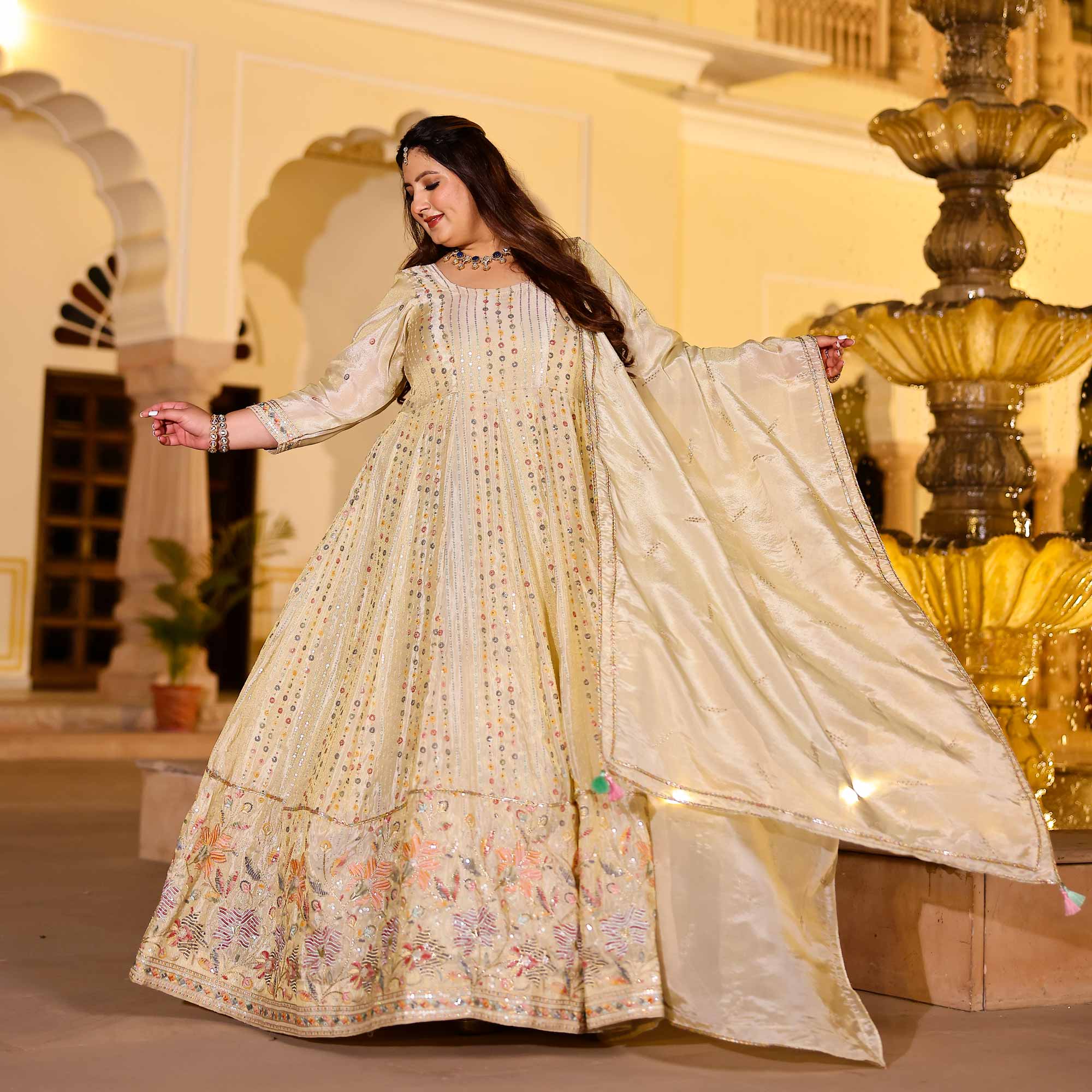 RAGINI Off-White & Gold Sequin Embroidered Pure Tissue Silk Anarkali Set