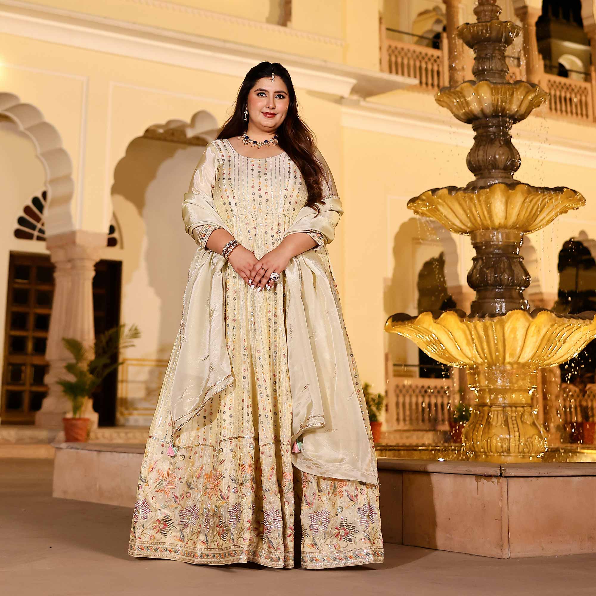RAGINI Off-White & Gold Sequin Embroidered Pure Tissue Silk Anarkali Set