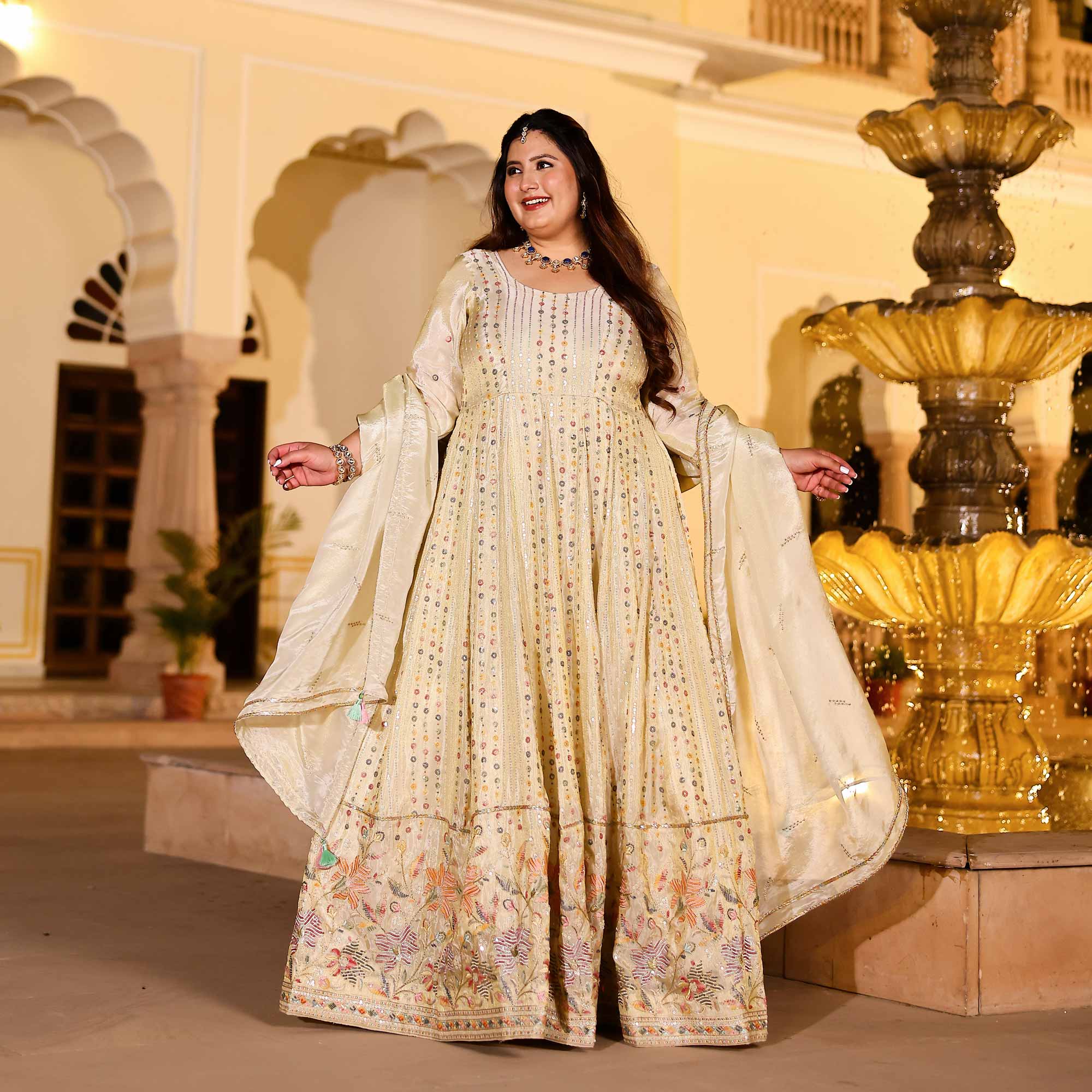 RAGINI Off-White & Gold Sequin Embroidered Pure Tissue Silk Anarkali Set