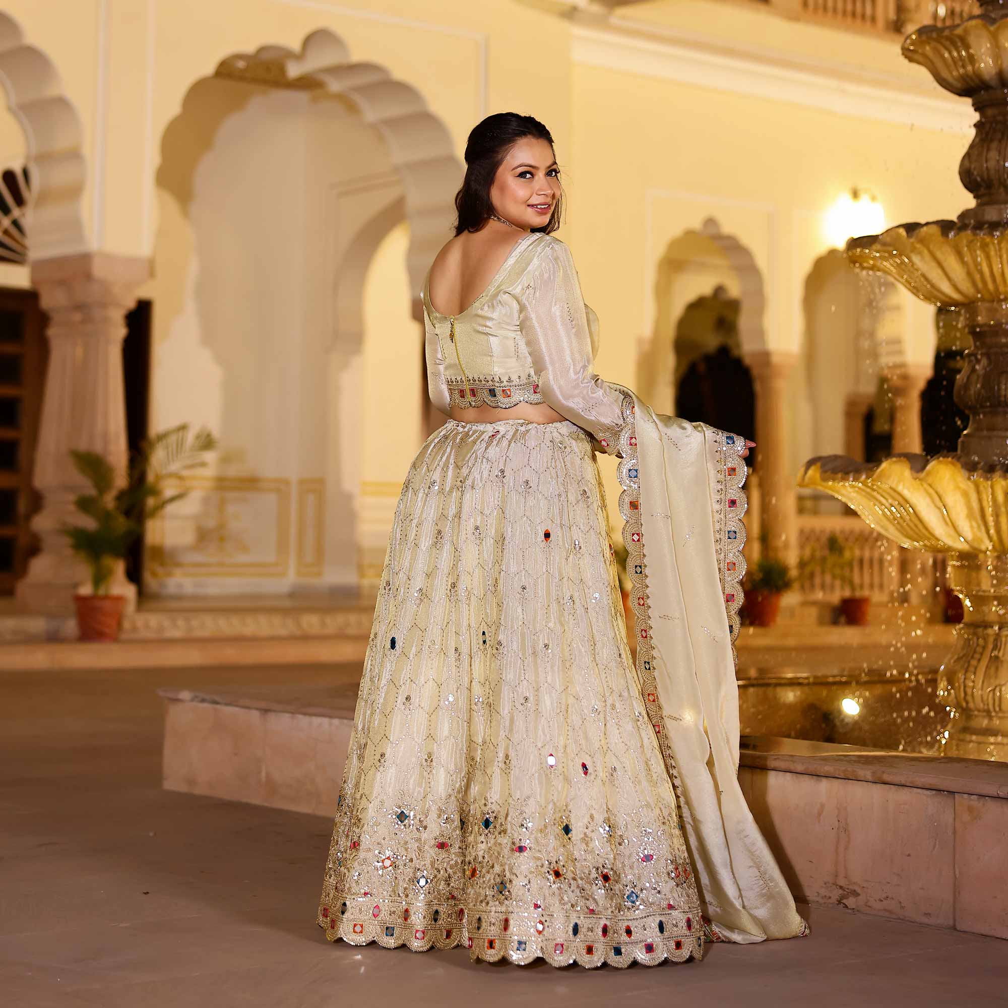 CHAND TARA Off-White & Gold Sequin Embroidered Pure Tissue Silk Lehenga Set