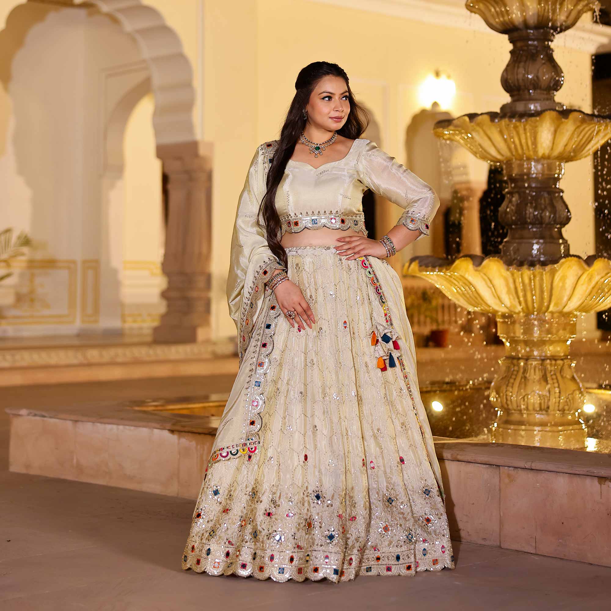 CHAND TARA Off-White & Gold Sequin Embroidered Pure Tissue Silk Lehenga Set