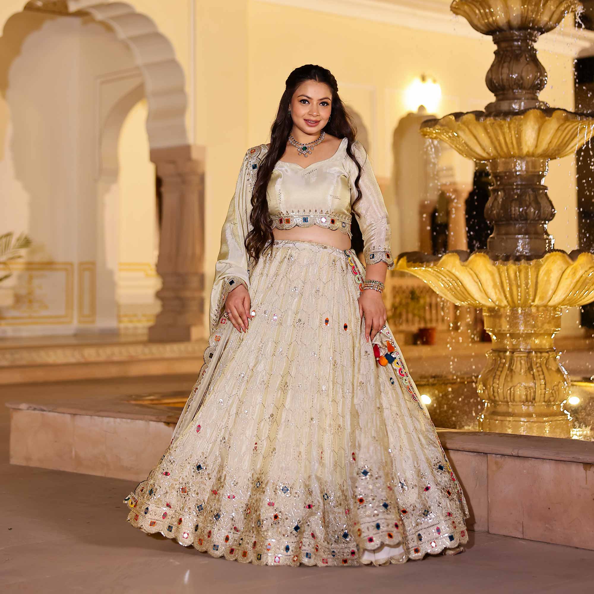 CHAND TARA Off-White & Gold Sequin Embroidered Pure Tissue Silk Lehenga Set