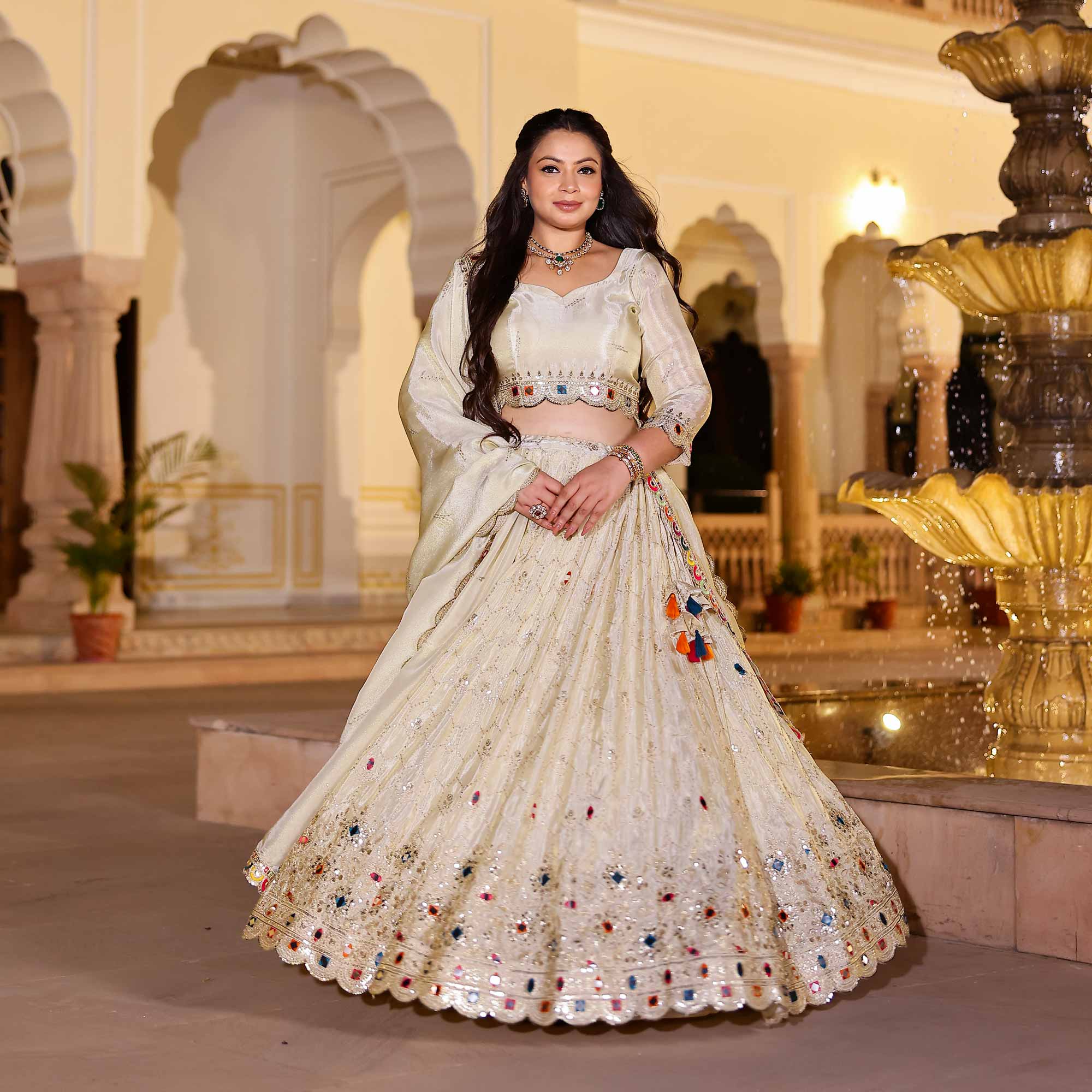 CHAND TARA Off-White & Gold Sequin Embroidered Pure Tissue Silk Lehenga Set